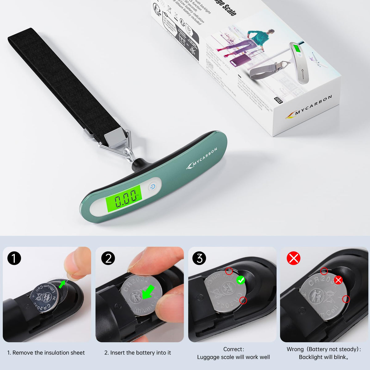 MYCARBON Luggage Scale Portable Digital Weight Scale for Travel Suitcase with Tare Function 110 Lb/ 50Kg Capacity (Silver)