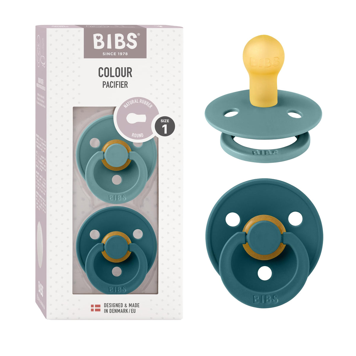 BIBS Colour Soother 2-Pack, BPA Free Dummy Pacifier, Round Nipple. Natural Rubber Latex, Made in Denmark, Size 2 (6-18 Months), Baby Blue