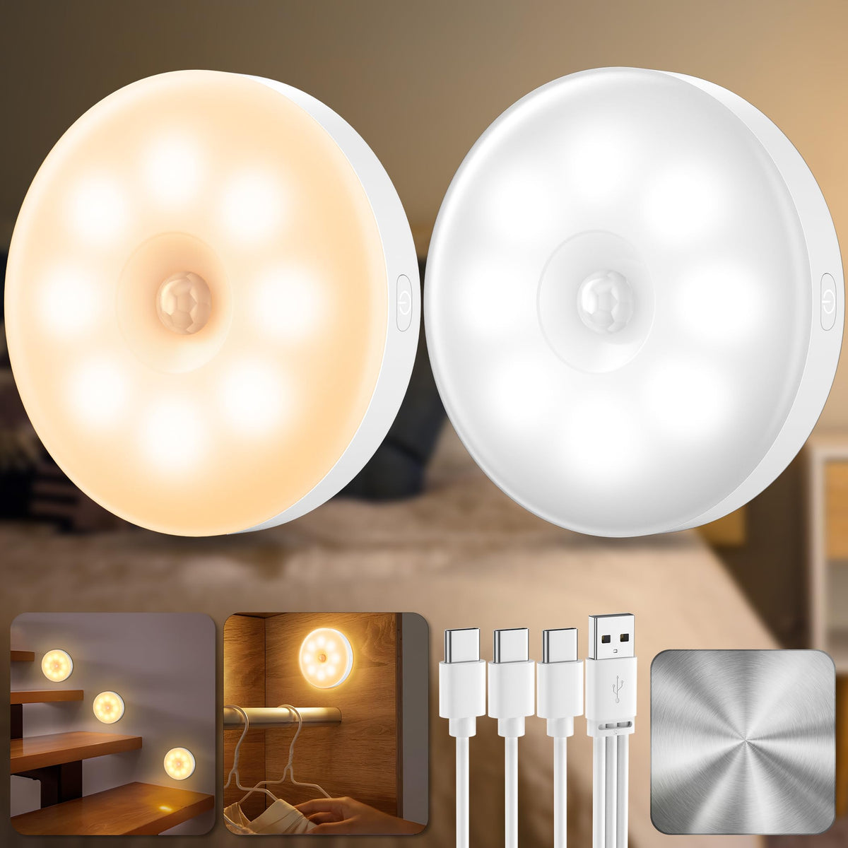 daphomeu 6 Pcs Motion Sensor Lights Indoor USB Rechargeable