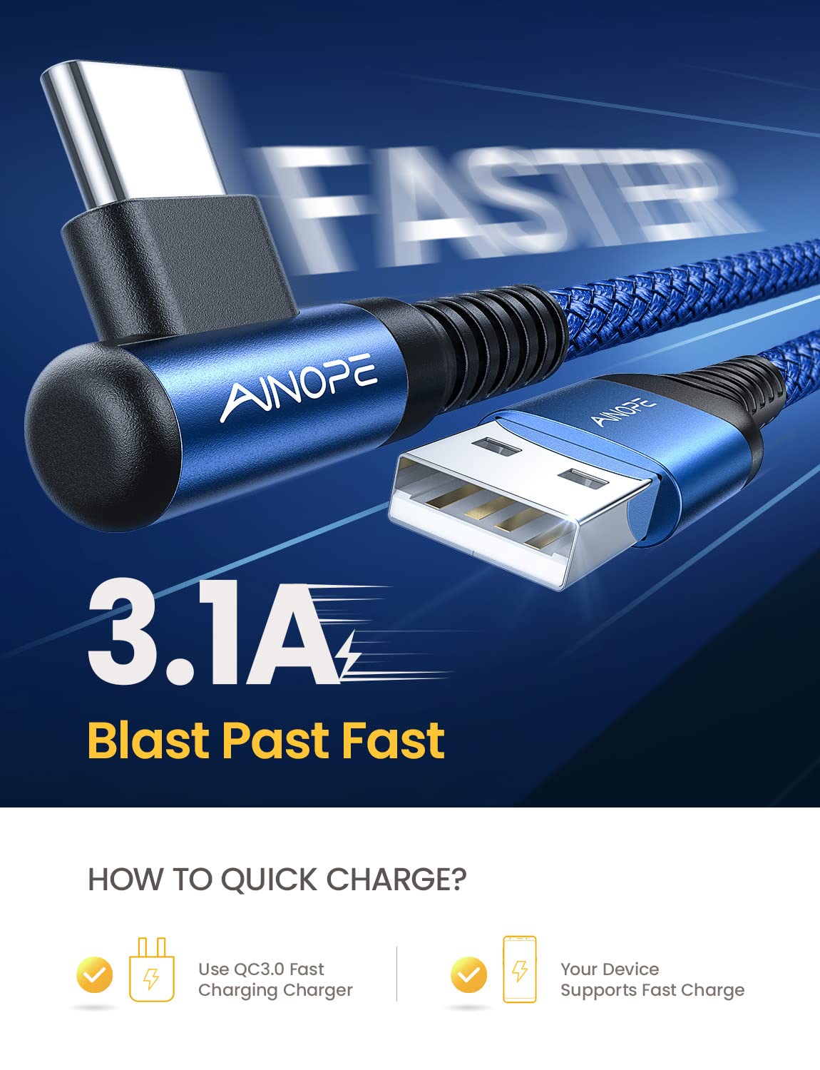 AINOPE USB C Charger Cable,(2Pack 2M) 3.1A Right Angle USB to USB C Cable