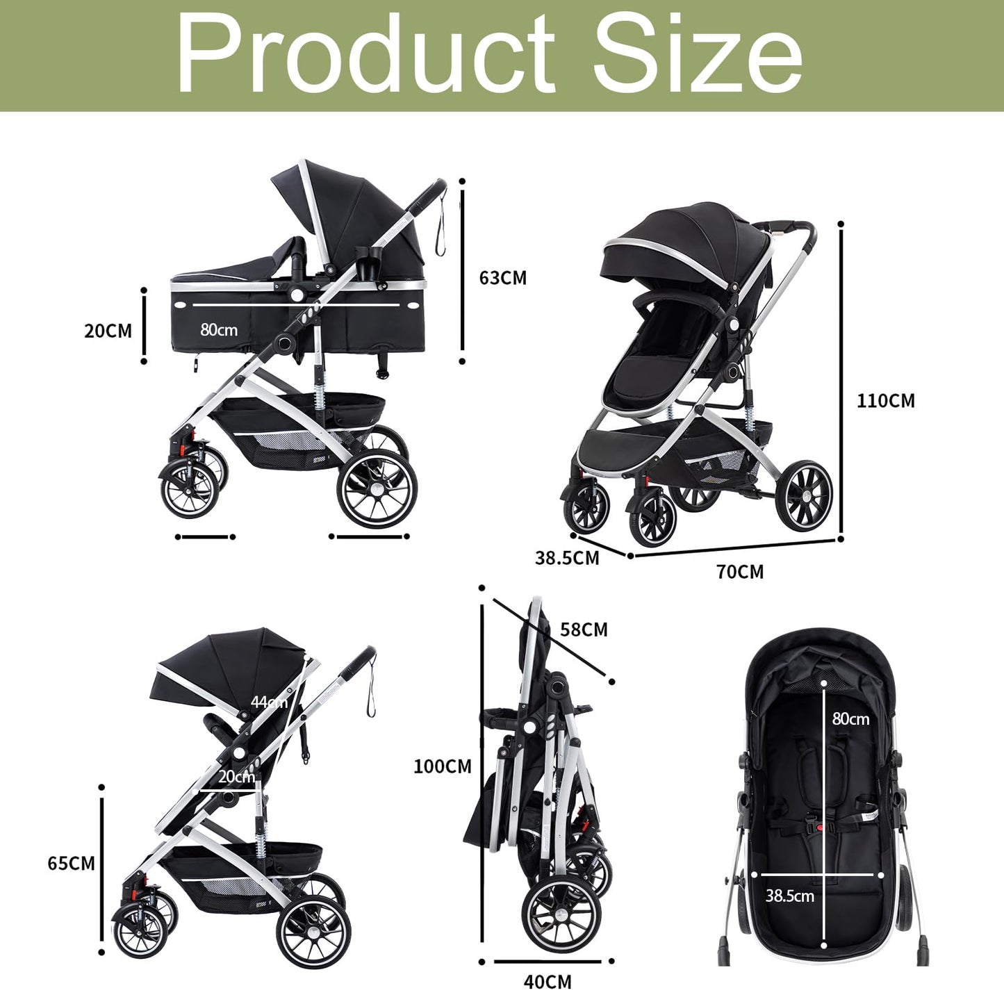 Zkipm Baby Pram 3 in 1, Foldable Baby Stroller,Pram Set Travel with Adjustable-Height Push Handle, Present Rain Cover, Mosquito Net, Bag, Cooling Mat, ect for Ages 0–3