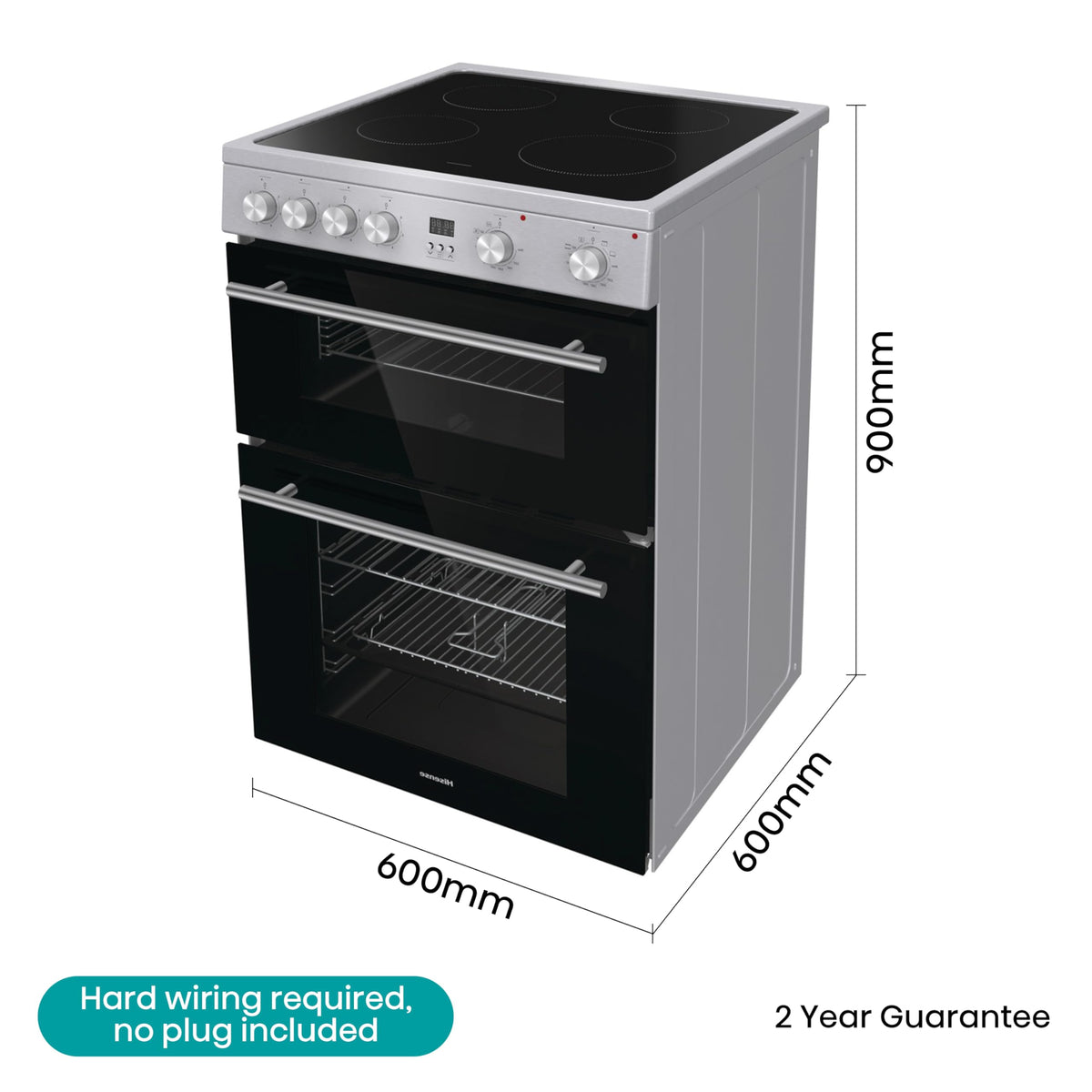 Hisense HDUKC60W 60cm Electric Cooker with Ceramic Hob-White, A Rated Double Oven 50L/80L [Energy Class A]