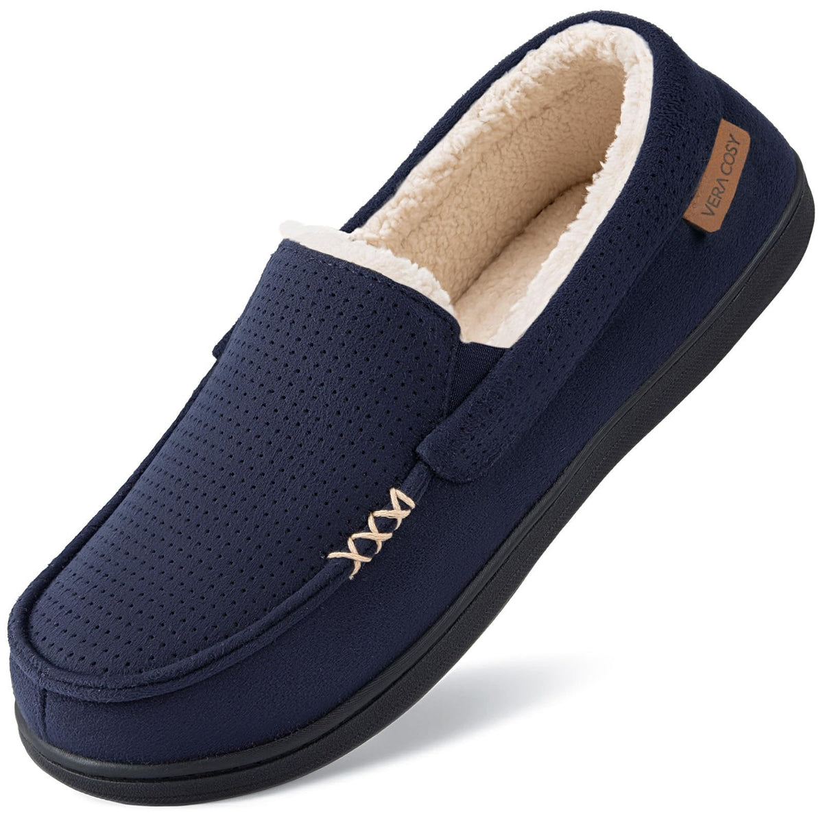 VeraCosy Men's Suede Moccasin Slippers Memory Foam Sherpa Lined Anti-Skid