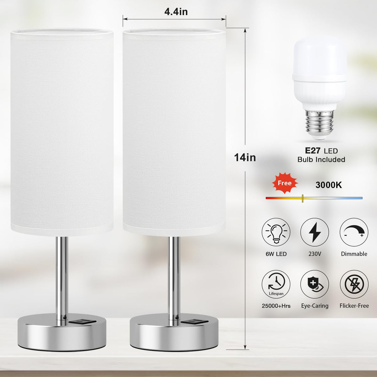 Aooshine Grey Table Lamp, 3-Way Dimmable, USB A + C Charging