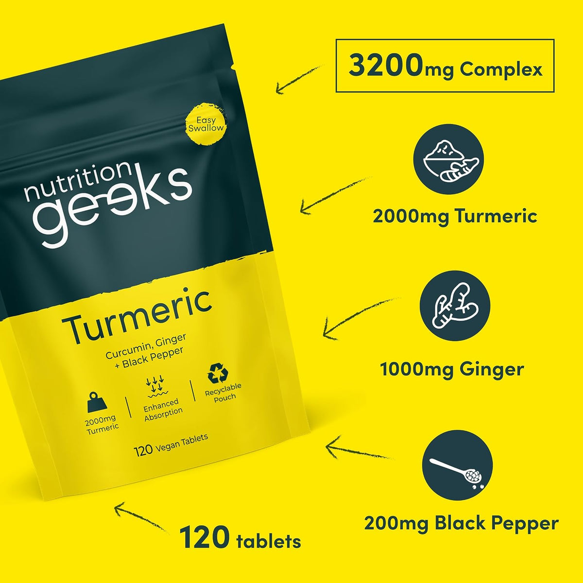 Turmeric Tablets 2000mg with Black Pepper & Ginger - 120 High Strength Curcumin Supplements - Easy Swallow Tablets (Not Turmeric Capsules or Powder) - Vegan - UK Made