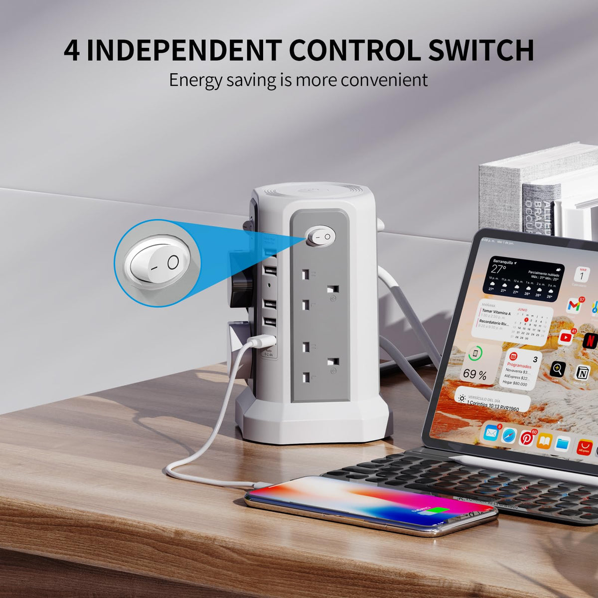 HAFINO Tower Extension Lead 3M with USB Slots and Night Light, 4 Switches