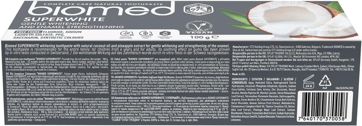 Biomed Superwhite 97% Natural Whitening Toothpaste | Enamel Strengthening | Coconut Flavour, Vegan, SLES Free 100g