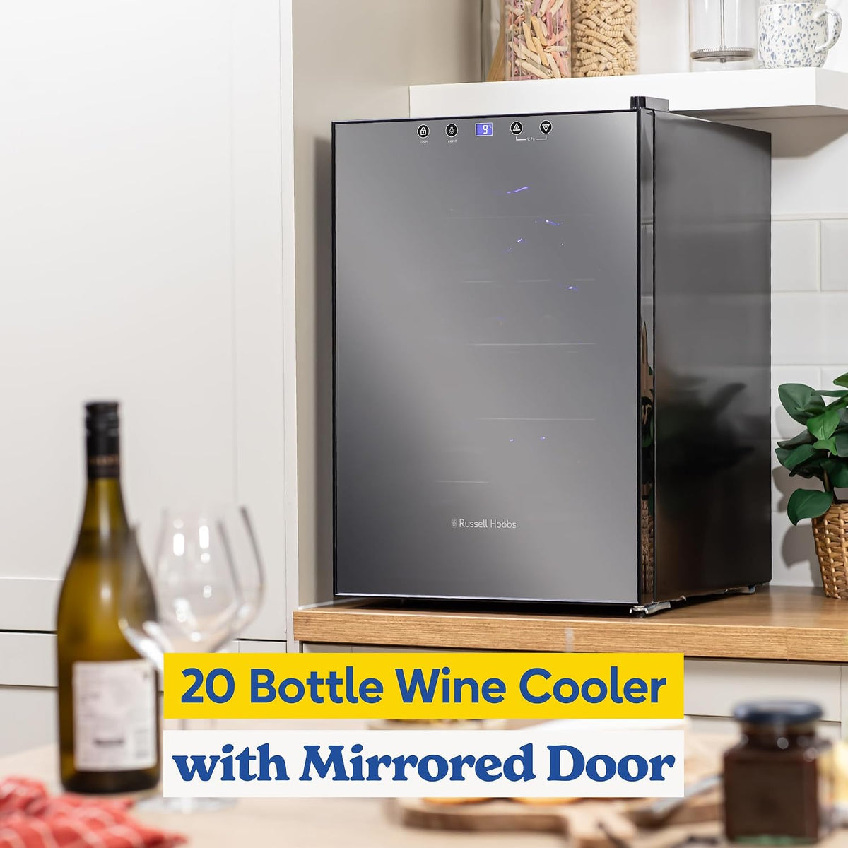 Russell Hobbs 20 Bottle 62L Mirrored Door Wine Cooler Freestanding Beverage Drinks Fridge, LED Light with Touch Control, Digital Display, Adjustable Shelves, Glass Door RH20WC201MR