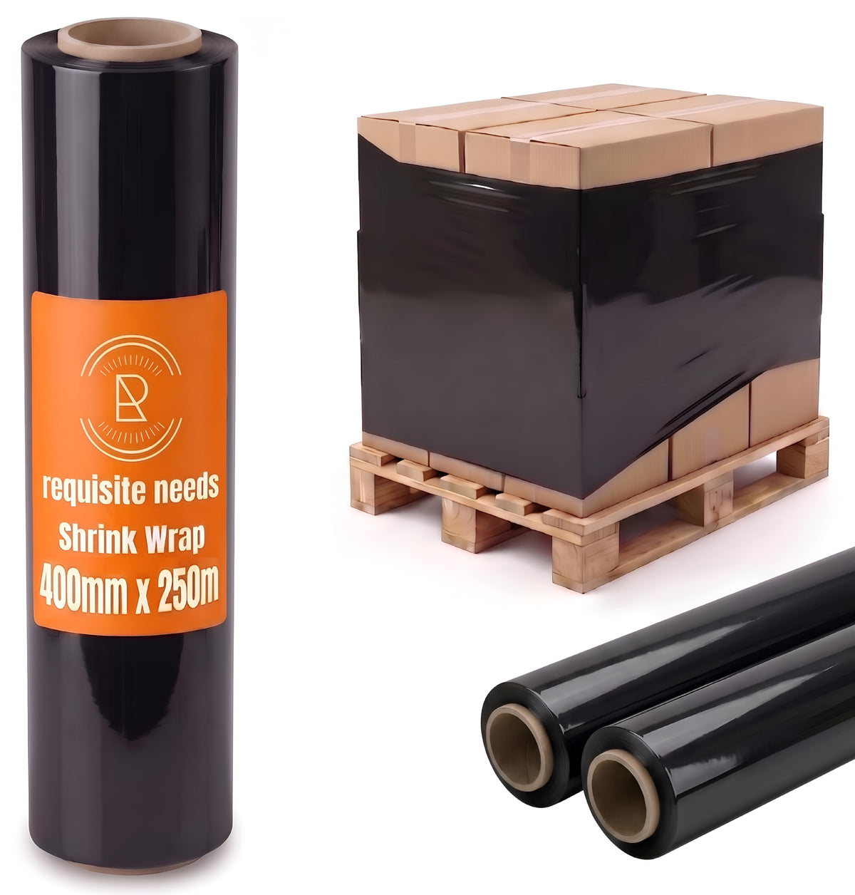 REQUISITE NEEDS Heavy Duty Stretch Film 400mm x 250m – Waterproof & Moisture Proof Pallet Wrap for Packaging, Moving & Storage (Black, 6)