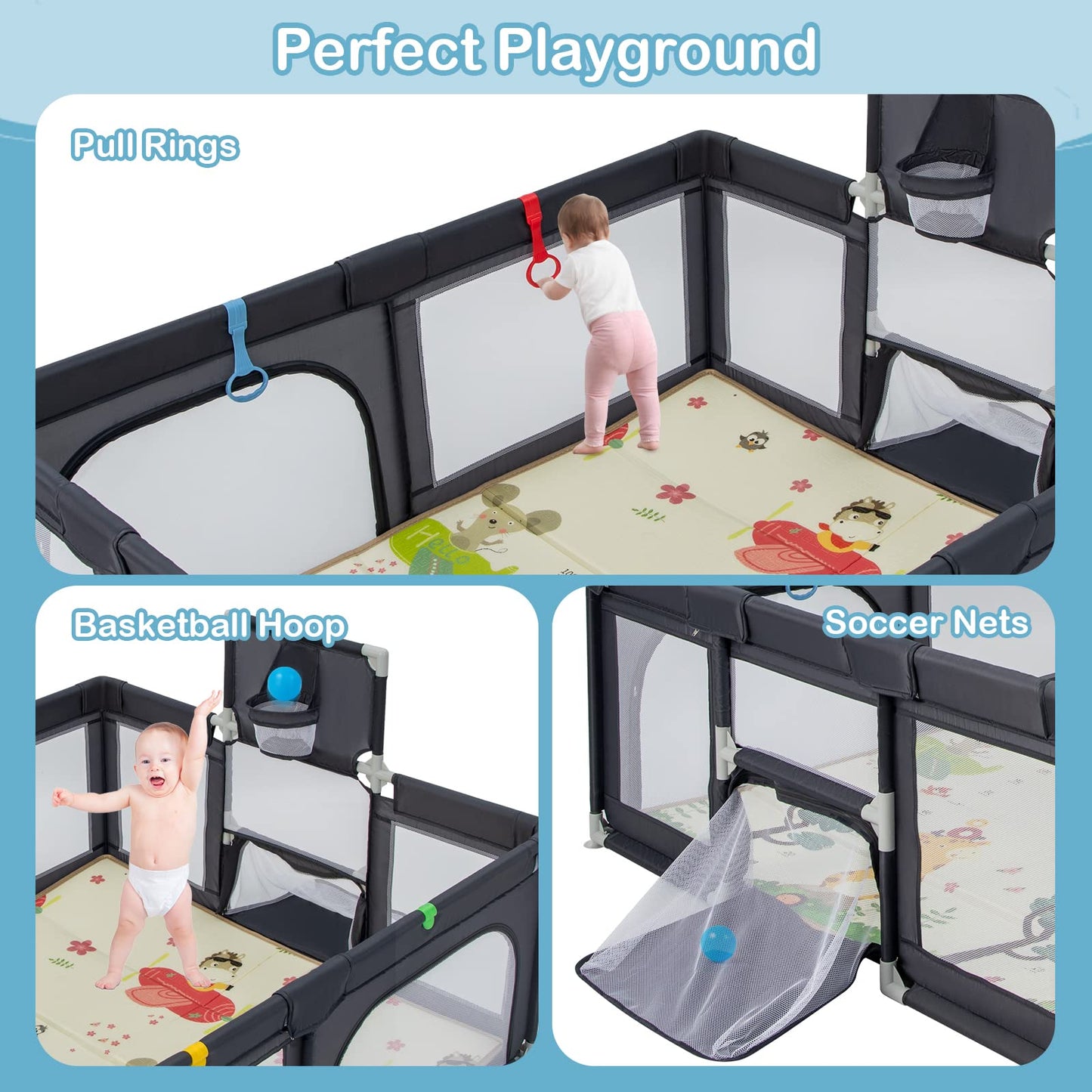 COSTWAY Baby Playpen, Toddler Mesh Play Pen with Mat, Pull Rings, Basketball Hoop, Football Nets, Ocean Balls, Indoor Outdoor Safety Playard for Babies and Toddlers (Light Gray, 207 x 142cm)