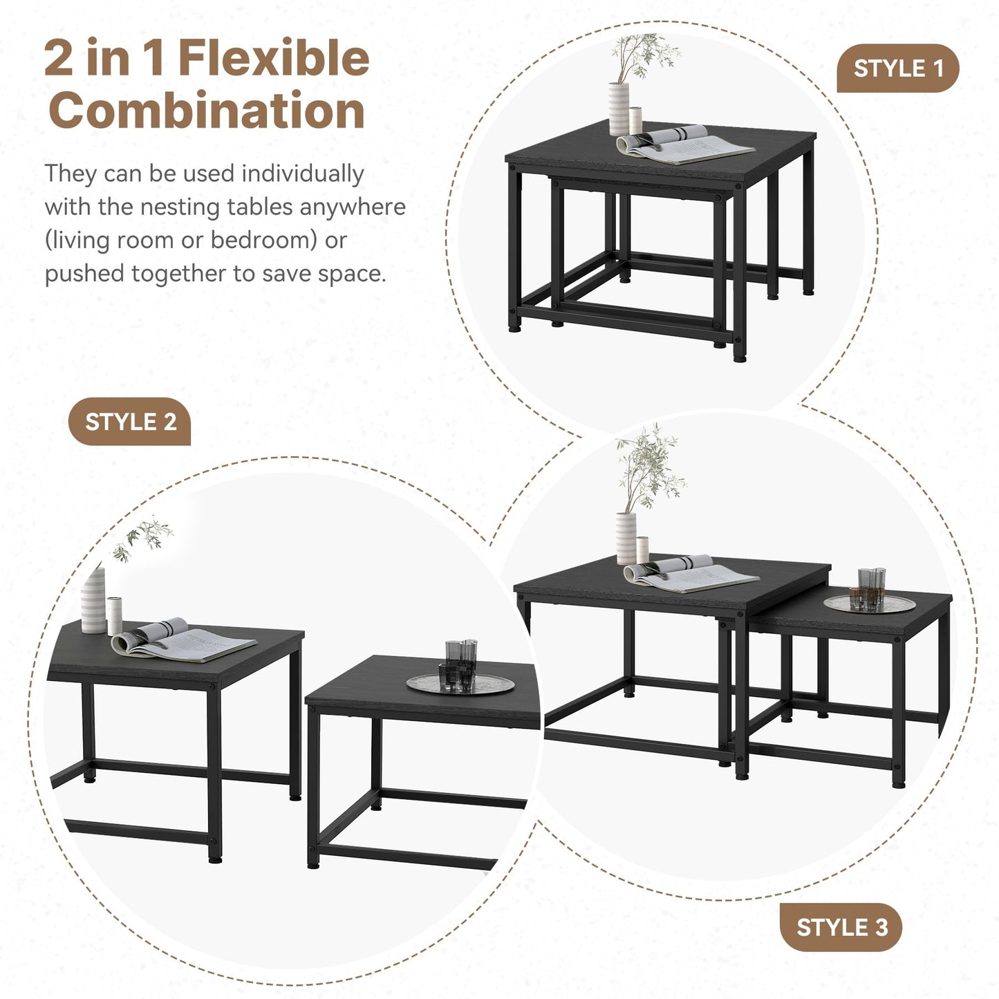 Hawthyhome Coffee Tables, Round Nesting Tables Tet of 2, Modern Side Tables with Metal Frame, Industrial Stacking End Tables for Living Room Bedroom Office, 60 * 60 * 45cm, Brown