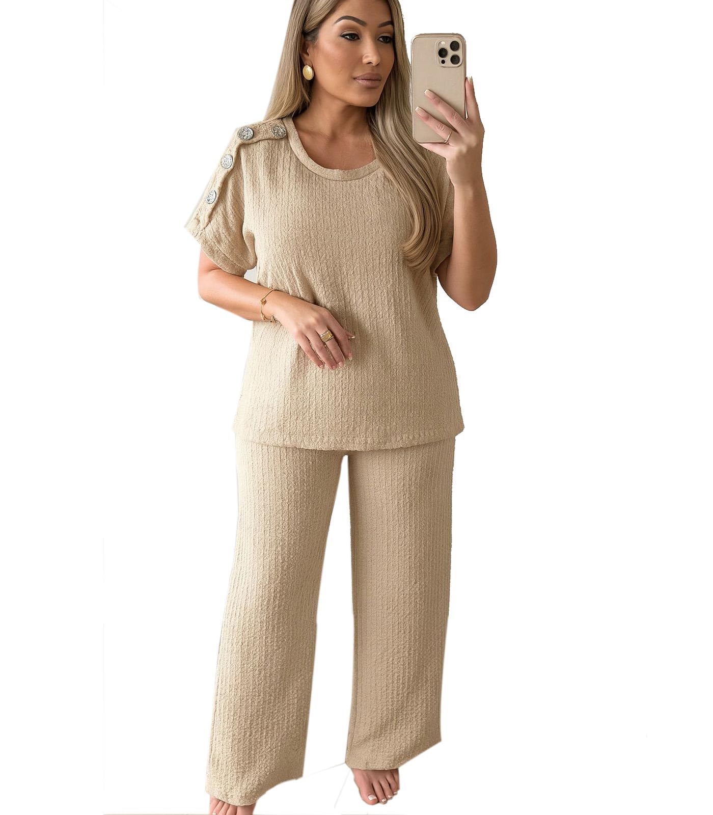 2 Piece Sets Tracksuit for Women Casual Summer Travel Vacation Outfits Short Sleeve Sweatsuits Matching Wide Leg Crop Pants Track_suits Lounge Sets