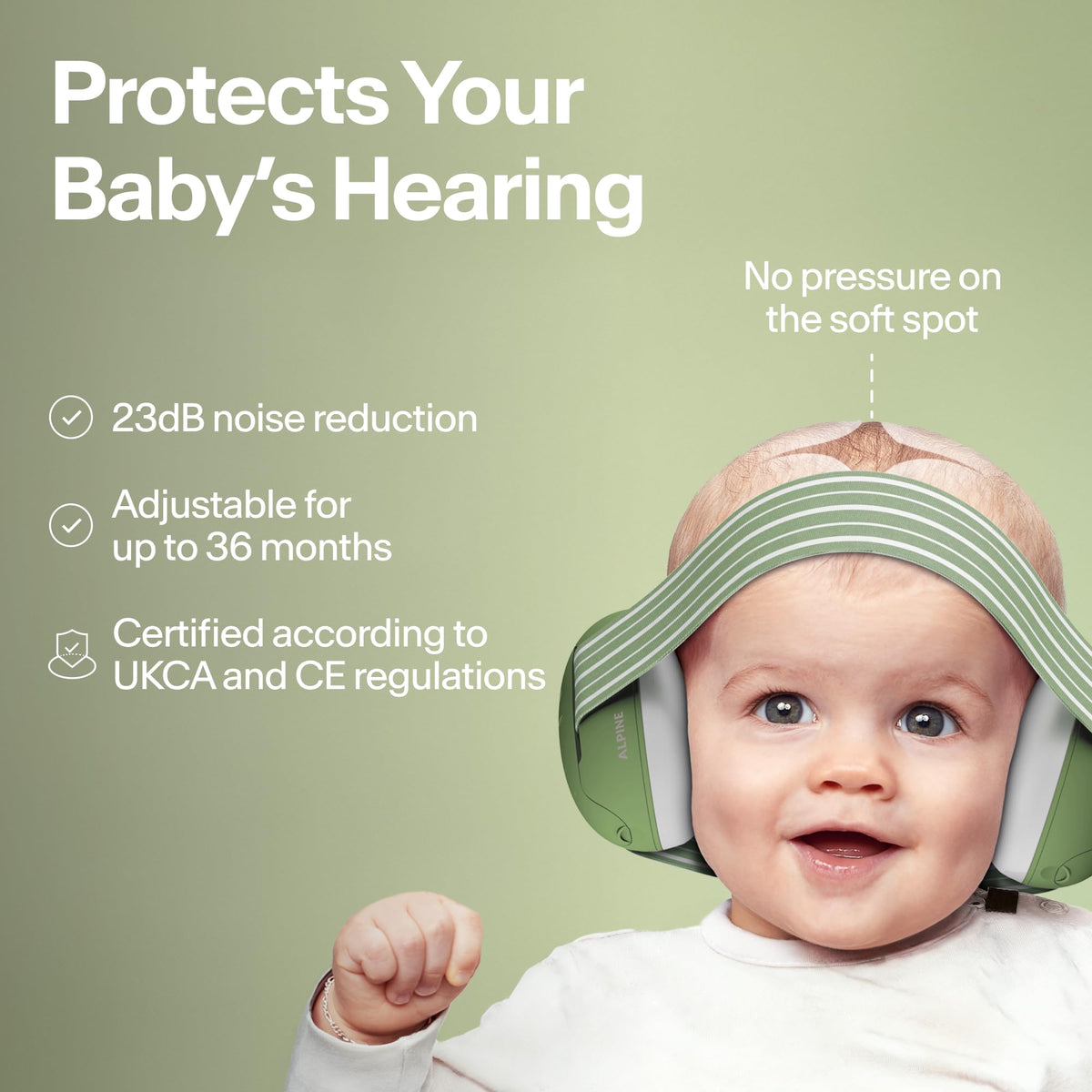 Alpine Muffy Baby Comfort Ear Defenders, Adjustable up to 48 months, Green