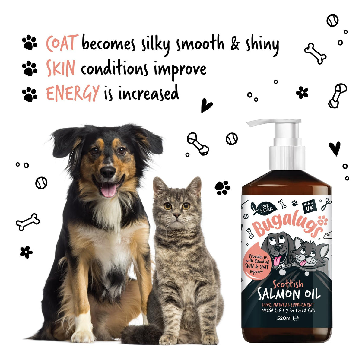 Bugalugs Scottish Salmon Oil For Dogs & Cats, Dog Supplement Support for Skin And Coat, Itchy Skin & Moulting, Omega 3 Fish Oil (Salmon, 500ml)