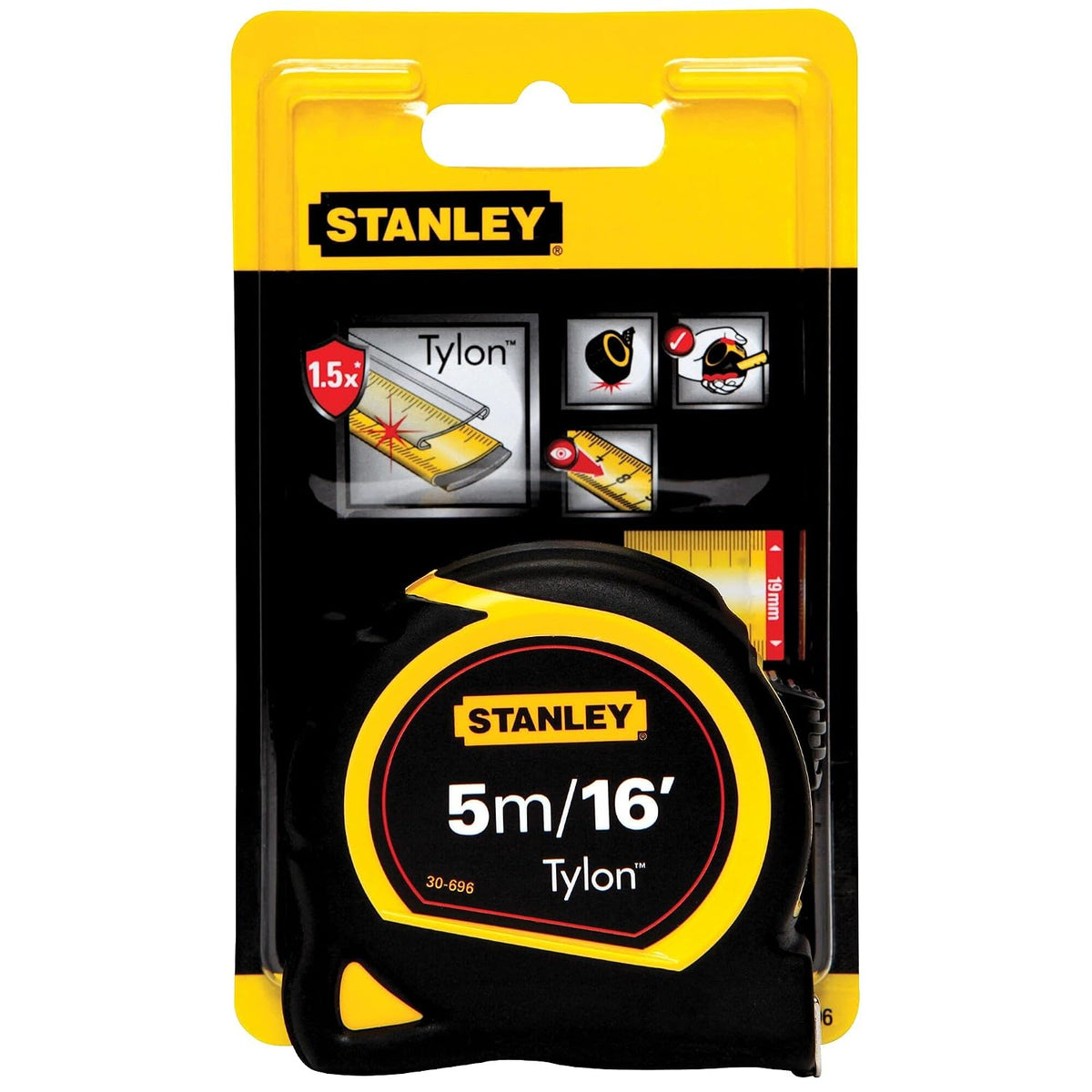 STANLEY STA030696N Tylon Tape, 5m/16ft, Pawl Lock, Yellow & Black
