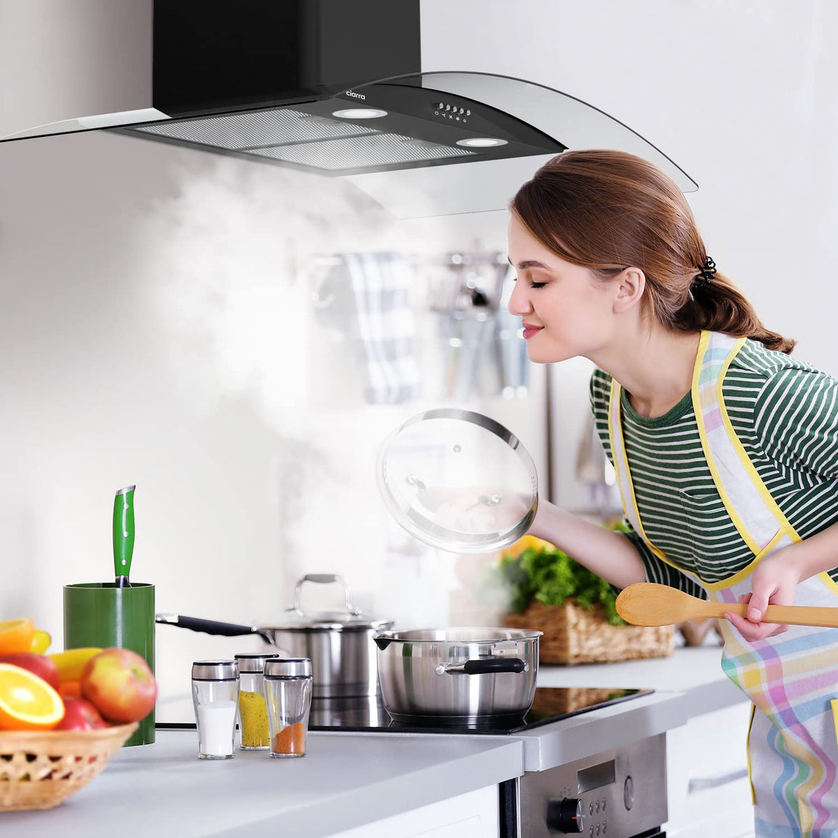 CIARRA 60cm White Angled Cooker Hood, Gesture Control, A+++, CBCW6736A