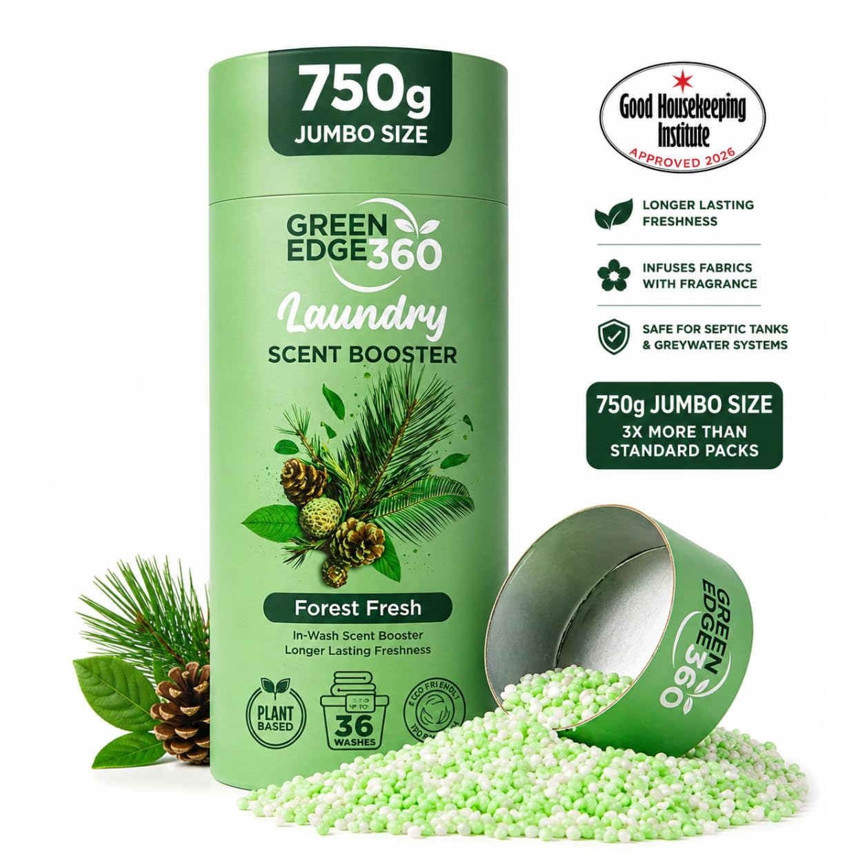 Green Edge 360 Long Lasting in Wash Scent Booster Beads 750g Premium Natural Laundry Perfume Plastic Free Scent Beads Biodegradable Eco Friendly (Forest Fresh)