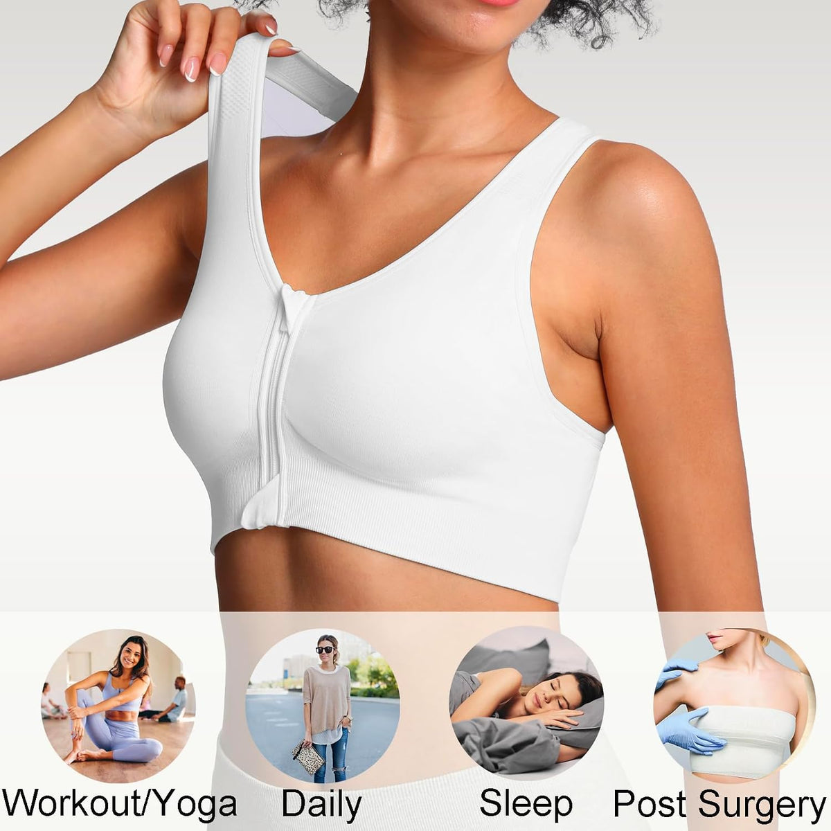 Lemef Front Zipper Sports Bras High Impack Post Op Compression Bras for Women Post Surgery Wireless Racerback Yoga Bra