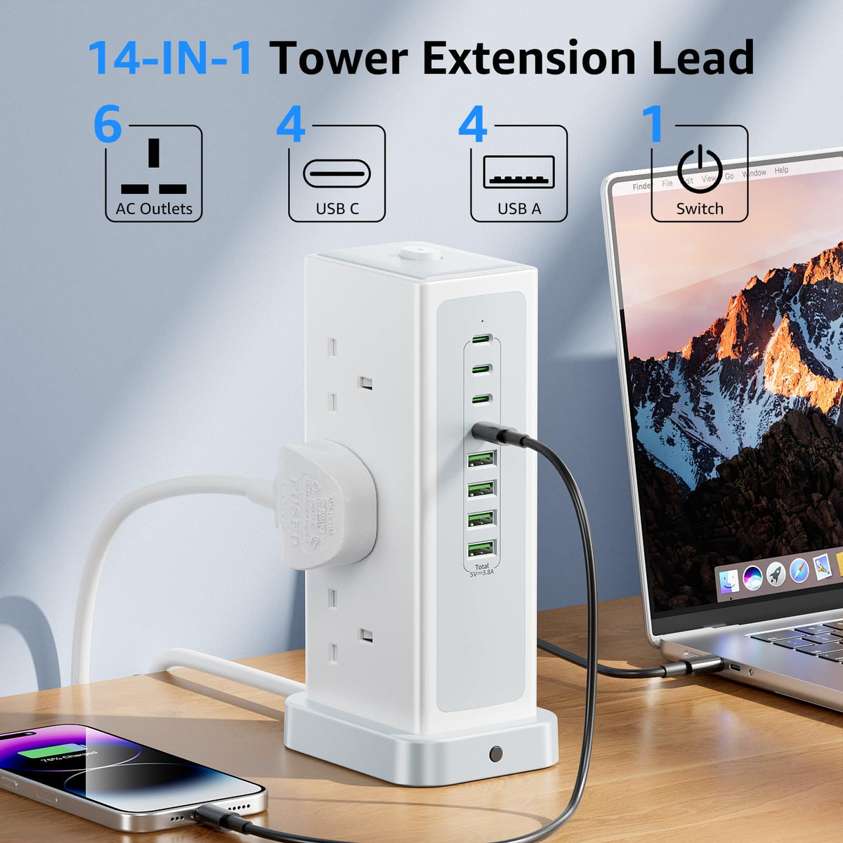 Tower Extension lead with USB Slots,6 Way Plug Extension Socket 3 Metres