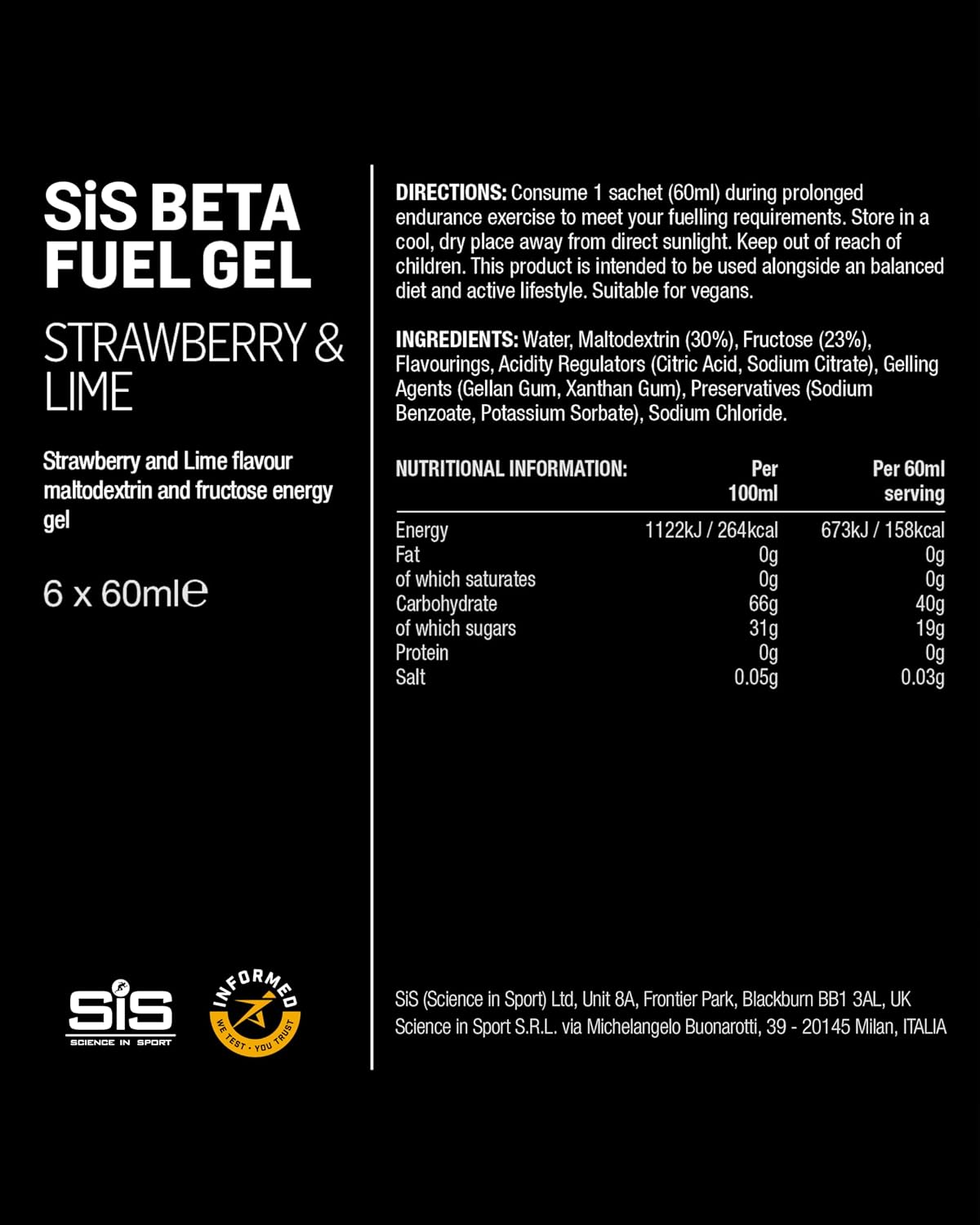 Science in Sport BETA Fuel Gels, Strawberry & Lime, 6 x 60ml
