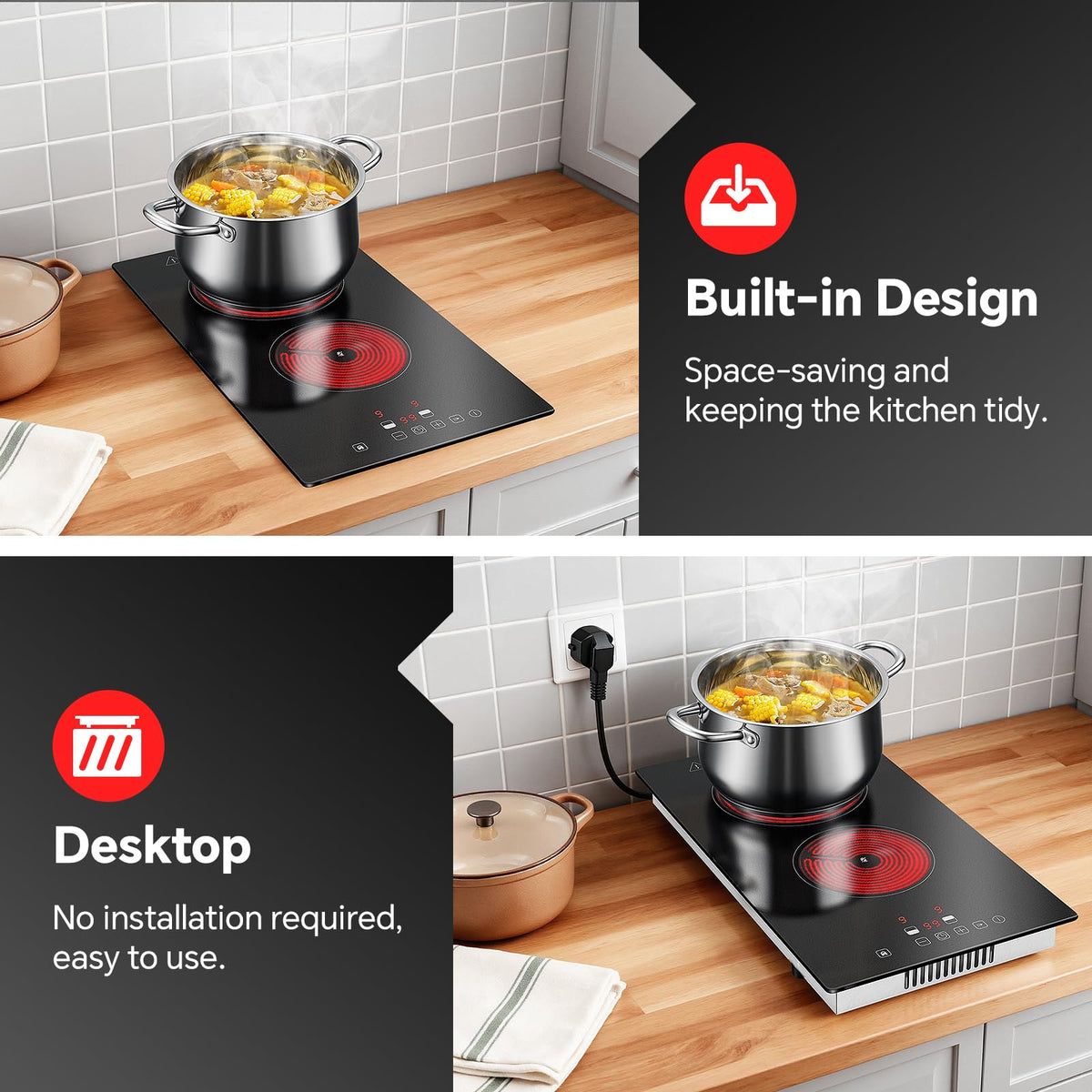 Single Induction Hob 2000W, Portable Induction Cooker with 10 Power & Temperature Levels, Touch Control, Child Lock, 3-Hour Timer, Residual Heat Indicator, Black Glass Panel Electric Hob