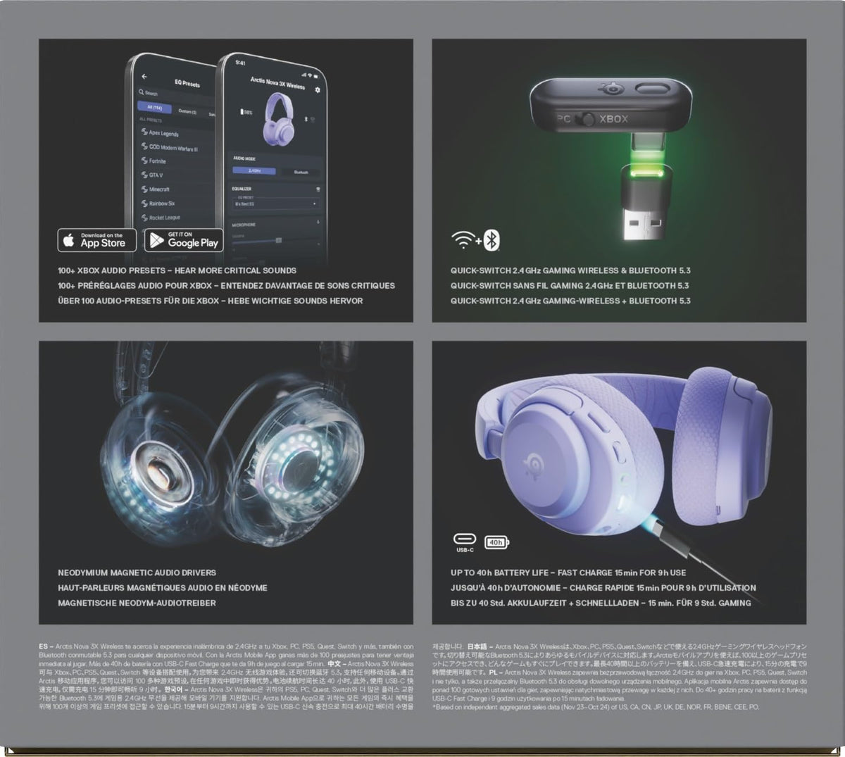 SteelSeries Arctis Nova 3X Wireless - Xbox Headset - Gaming Headset - Mobile App Control - 40 HR Battery with fast charging - Compatible with Xbox, PC, Switch and more - 2.4GHz/Bluetooth - Lavender