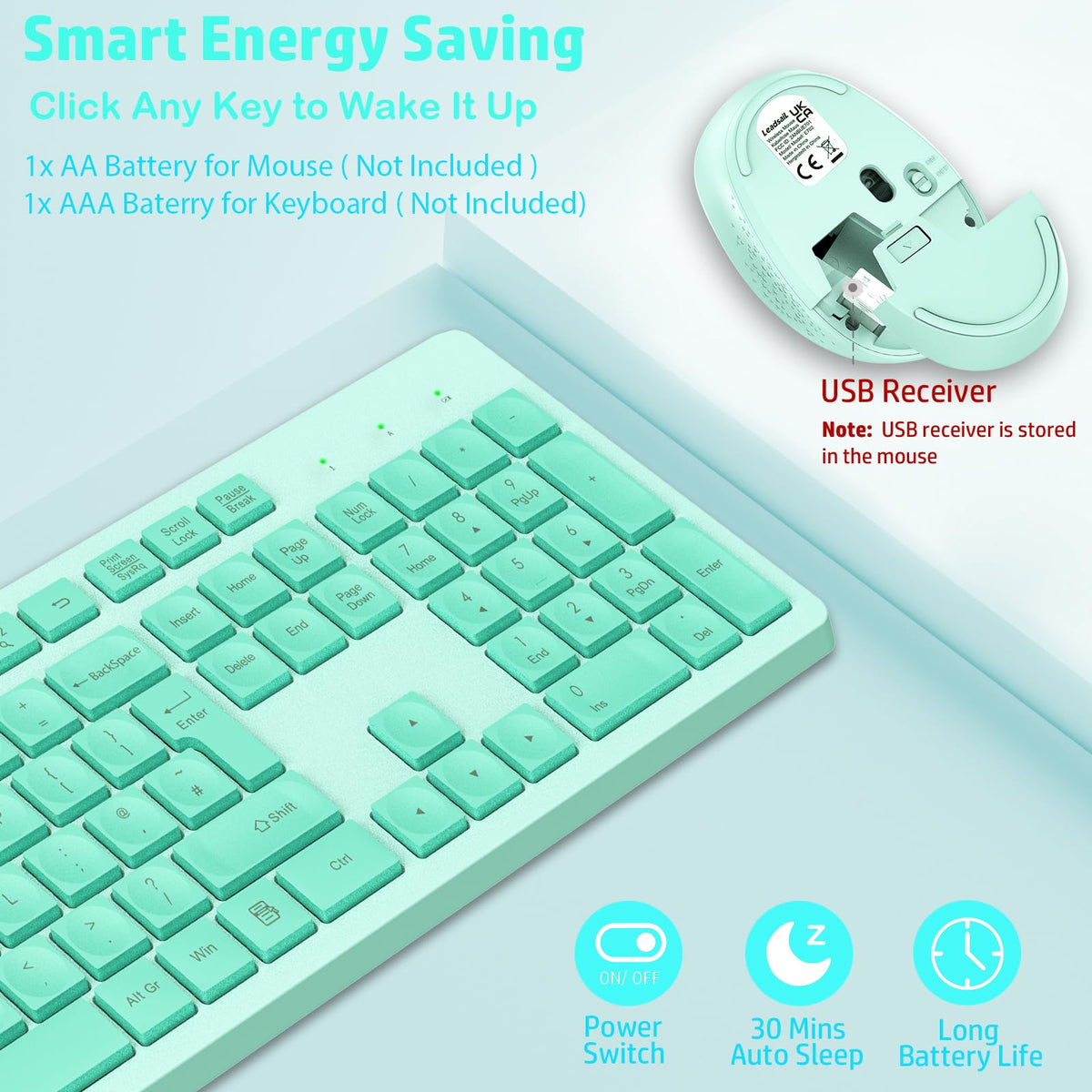 LeadsaiL Wireless Keyboard and Mouse Set, 2.4GHz USB Computer Keyboards and Mouse Combo, Full Size UK QWERTY Layout, Ergonomic Design with 12 Multimedia Shortcuts for HP/Lenovo Laptop and Mac-Purple