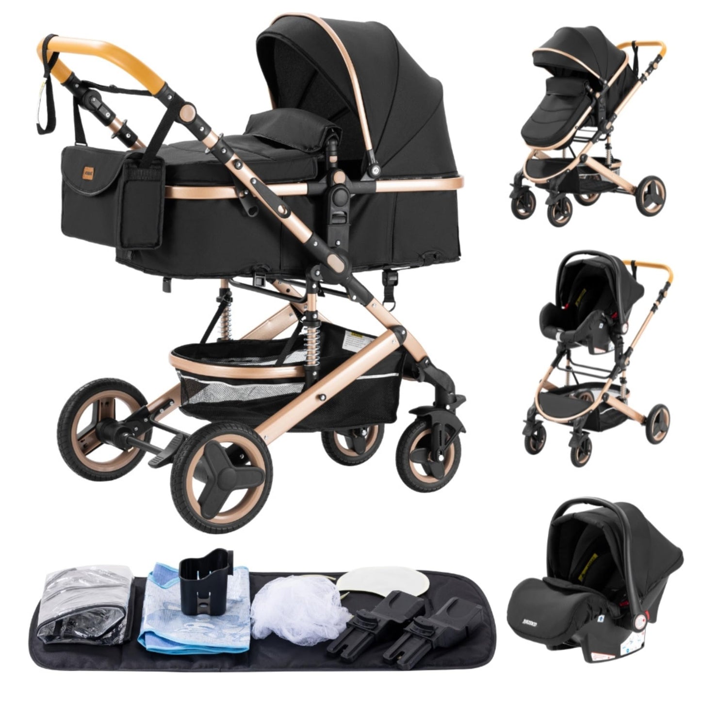 YAZOCO 3 in 1 Prams Travel System, Foldable Lightweight Baby Stroller, Adjustable Handle, Aluminum Frame for Newborn 0-4 Years Changing Bag (530 Black)