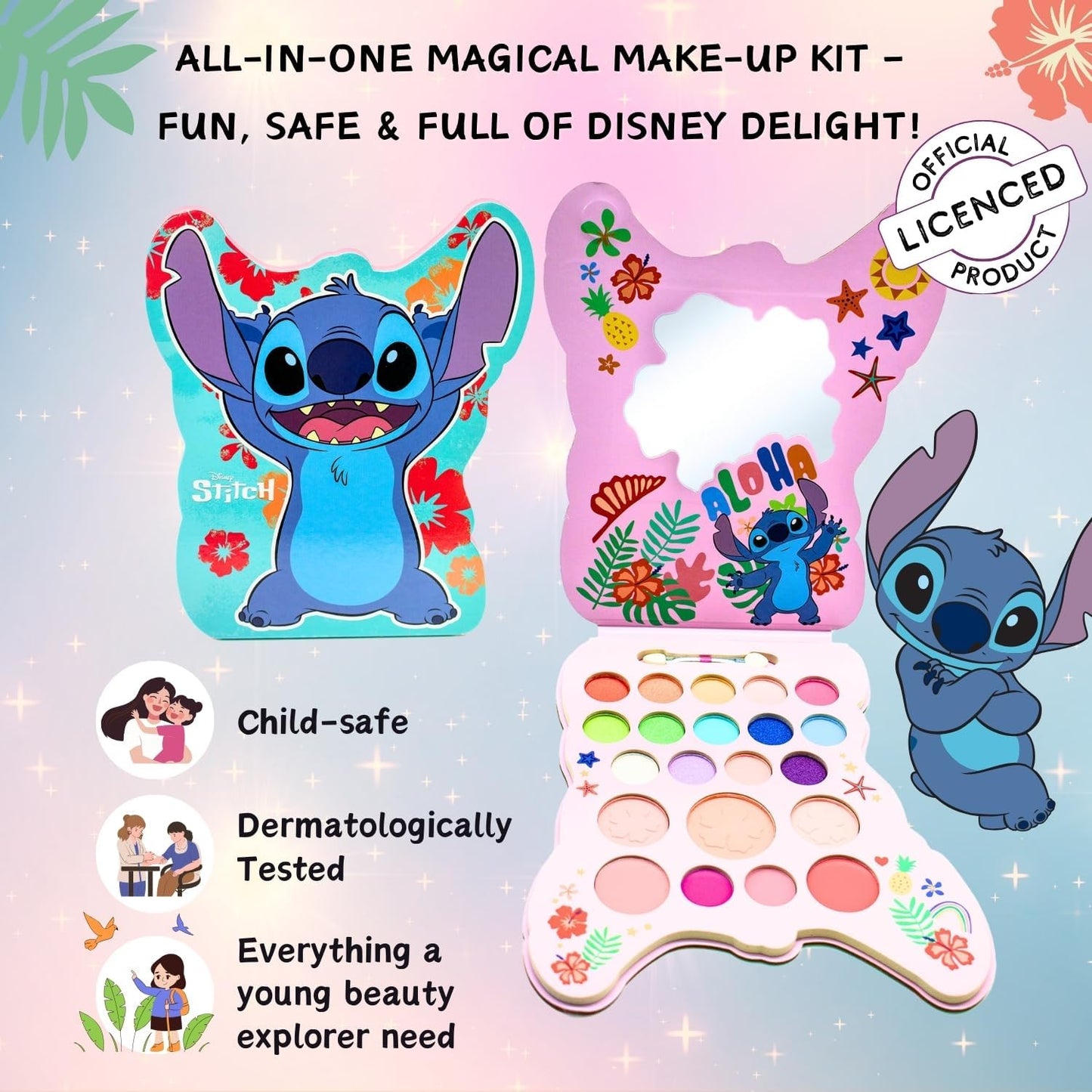 Disney Stitch Kids Make-Up Palette – Complete Cosmetic Kit with Eye Shadow, Blusher, Lip Gloss, Mirror & Brush| Safe, Non-Toxic Beauty Gift Set for Girls