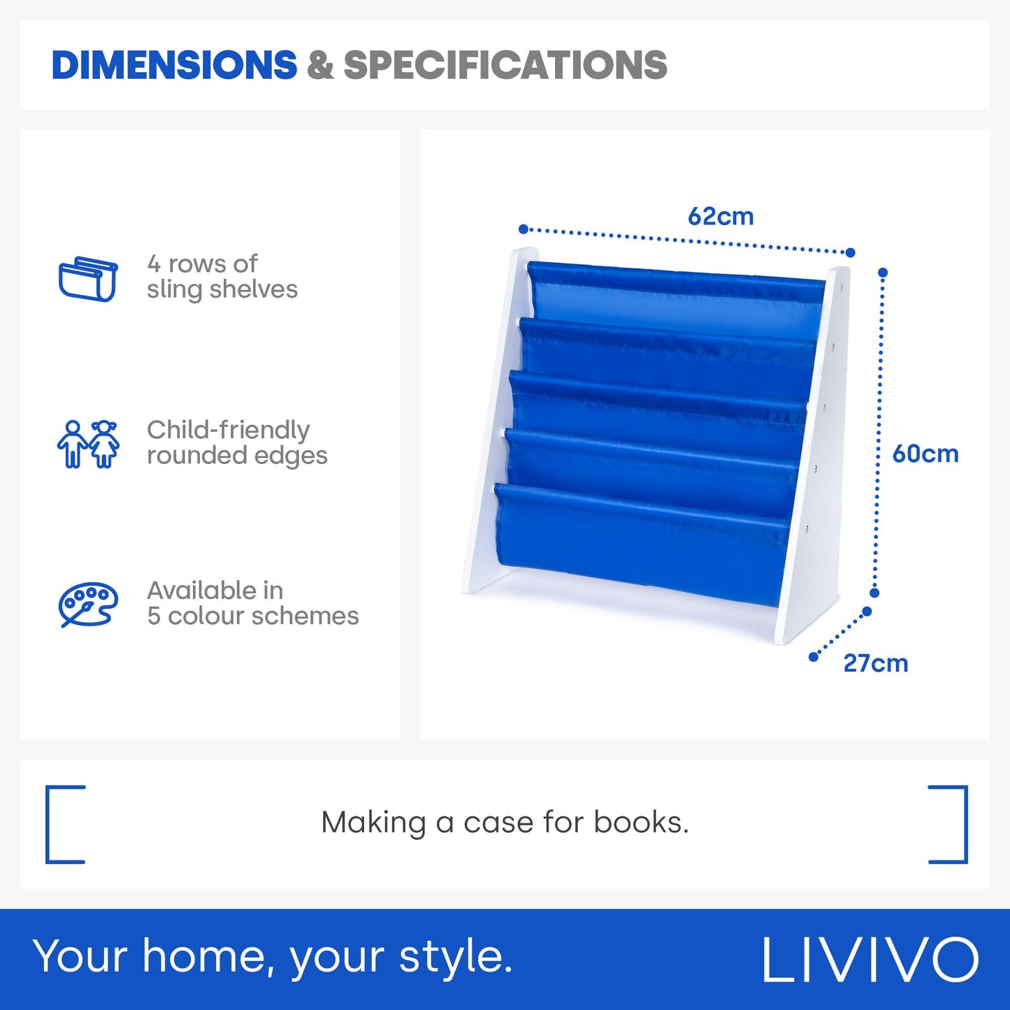 LIVIVO Colorful Kids Bookshelf - 4 Tier Children's Bookcase, Magazine and Book Storage Rack, Wooden Sling Book Organizer, Book Shelf for Kids Room, Bedroom, Nursery, Playroom (Natural)