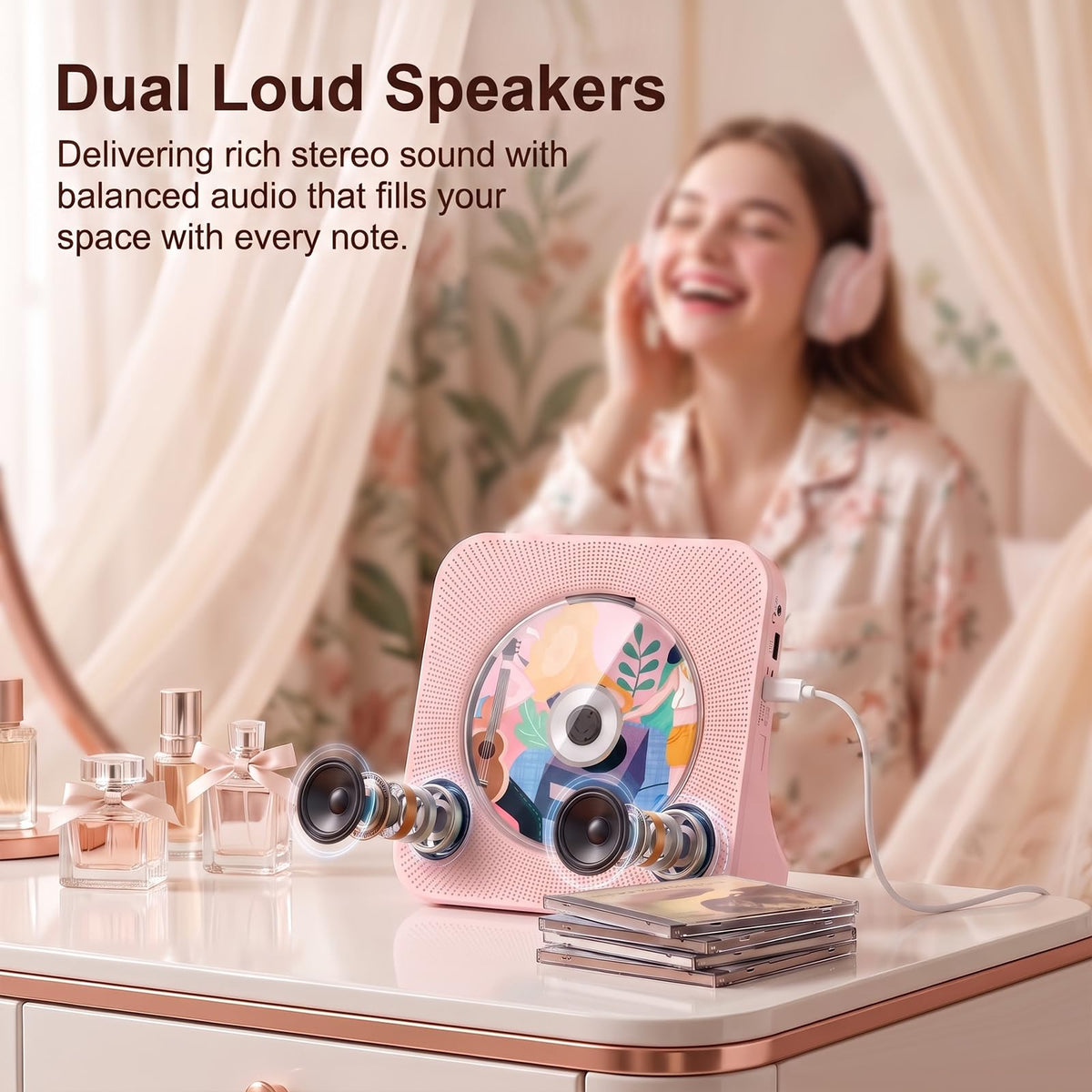 Portable CD Player with Bluetooth, Gueray Desktop CD Players for Home, Bulit-in Double HiFi Speakers, AUX&Headphone Jack, FM Radio Boombox with Remote Control, USB Port,LCD Display (Blue)