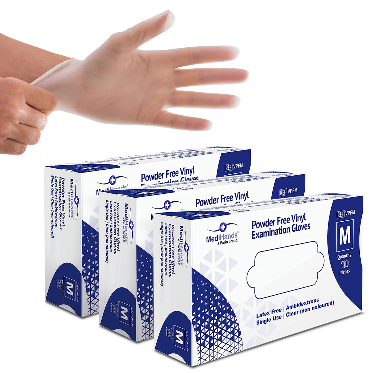 MediHands Vinyl Clear Medium Gloves, Disposable Surgical Gloves, Box of 100, Powder Free, Latex Free, Protein Free, Medical, Food, Multi-Use