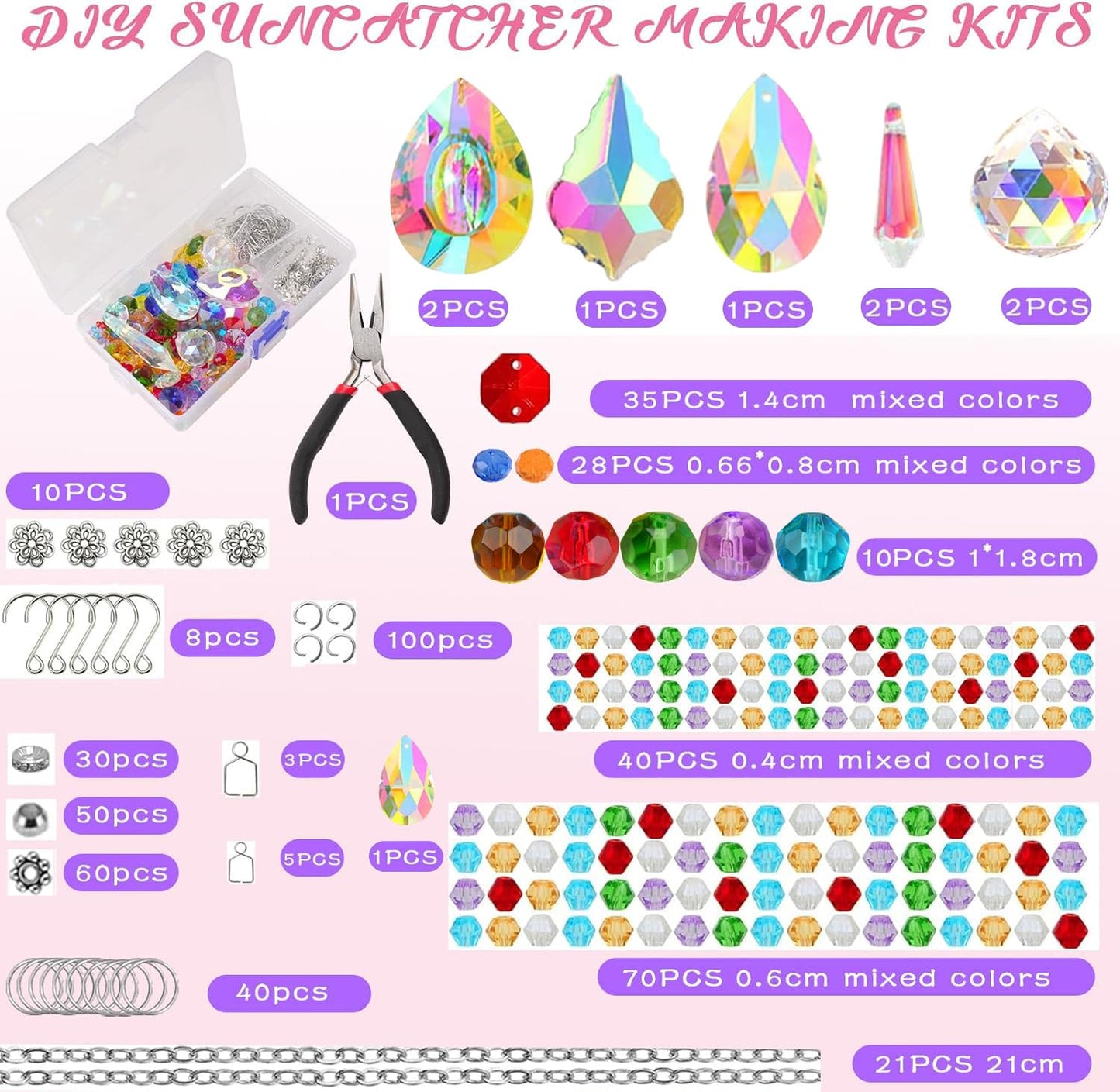 240PCS DIY Sun Catchers Making Kits for Adults, Crystal Suncatchers Kit with Colourful Prism Pearl Rainbow Maker for Windows, Hanging, Indoor, Outdoor, Garden Decor (Silver)
