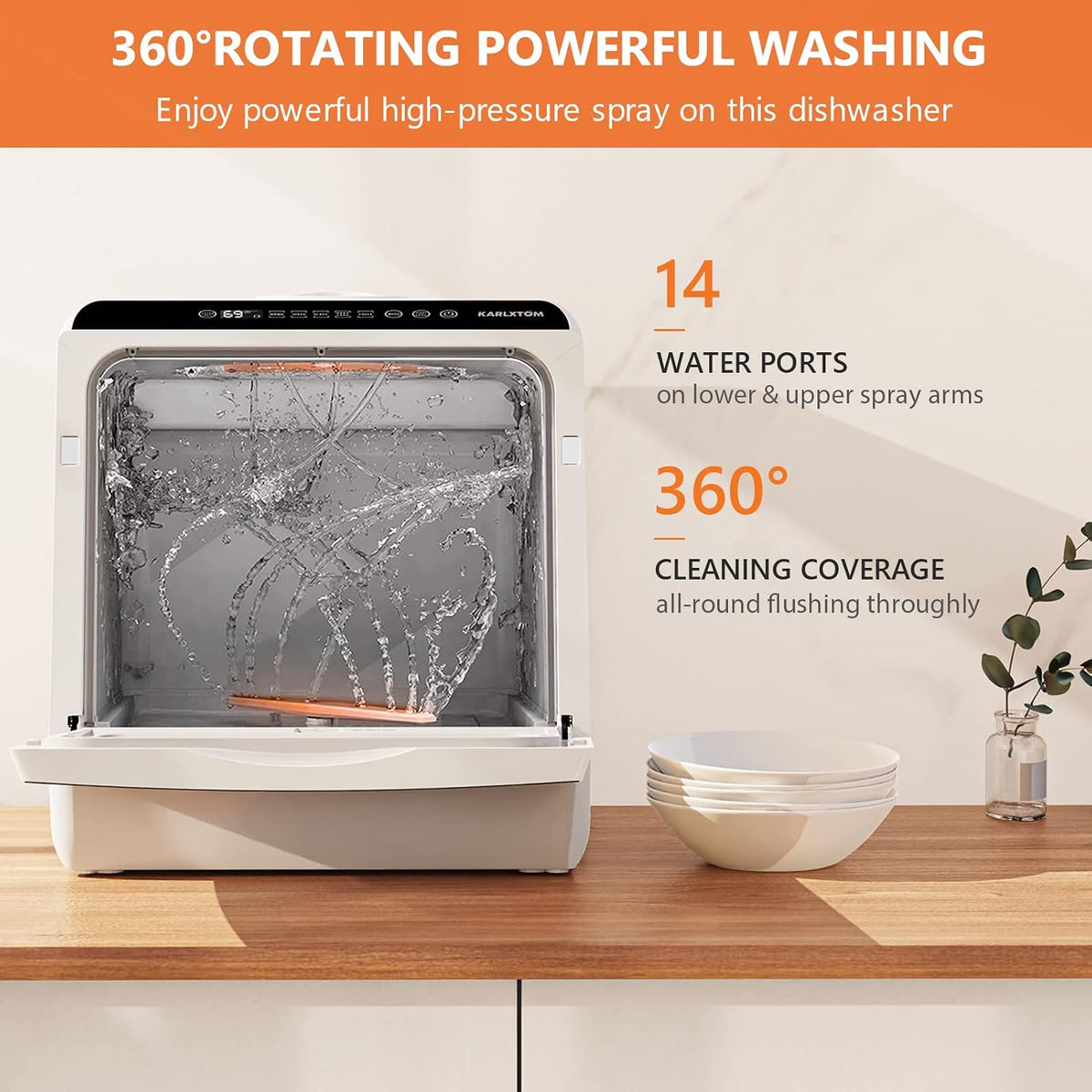 Karlxtom Table Top Dishwasher 6 Programs Mini Dishwasher with Touch Control, Auto-drying, Baby Care & Fruit Wash, Perfect for Small Families, Couples