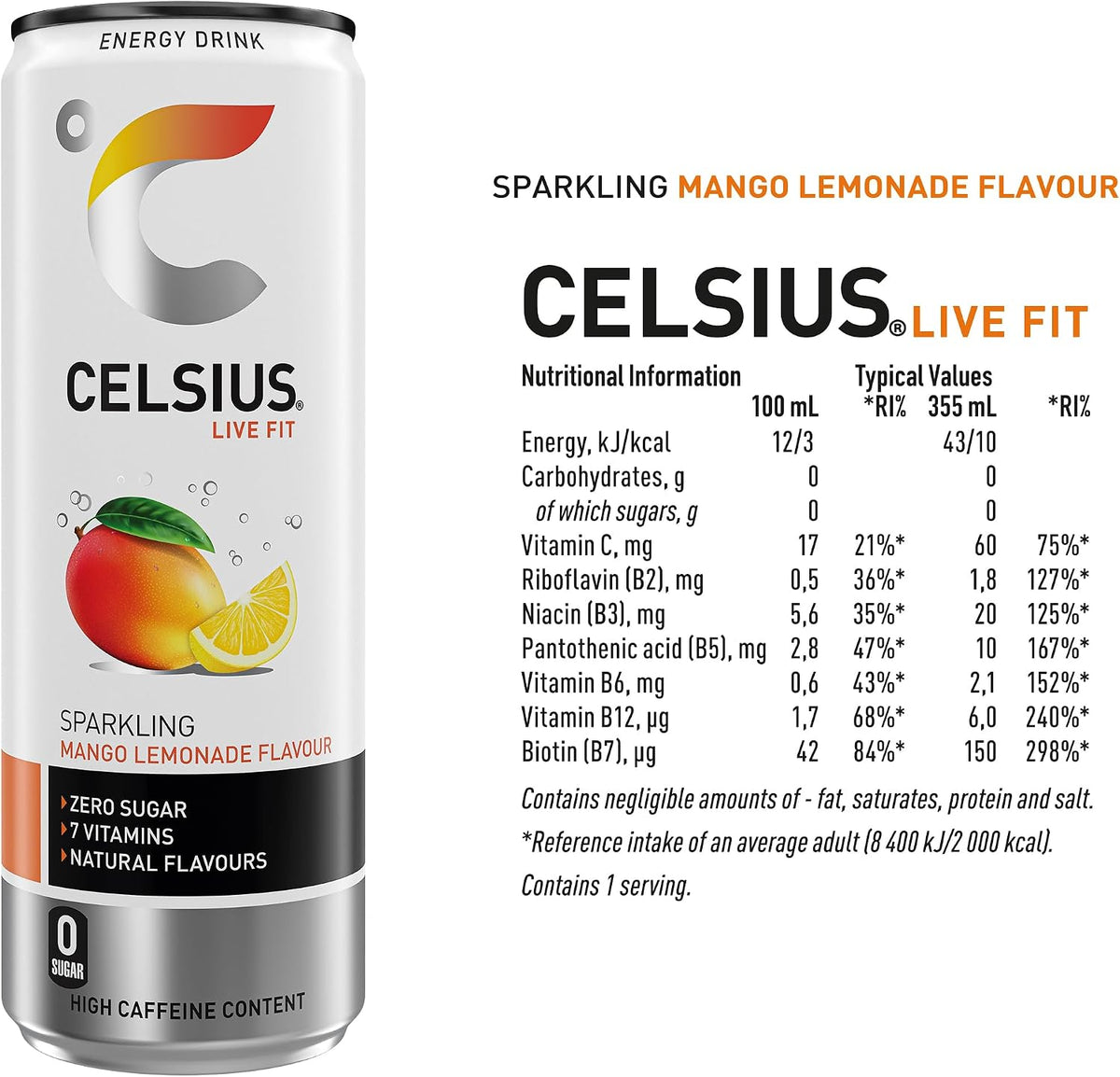 CELSIUS Energy Drink, Sparkling Mango Lemonade, Natural Flavours. No Artificial Colours, Sugar Free Energy Drinks, 355 mL, 4-Pack