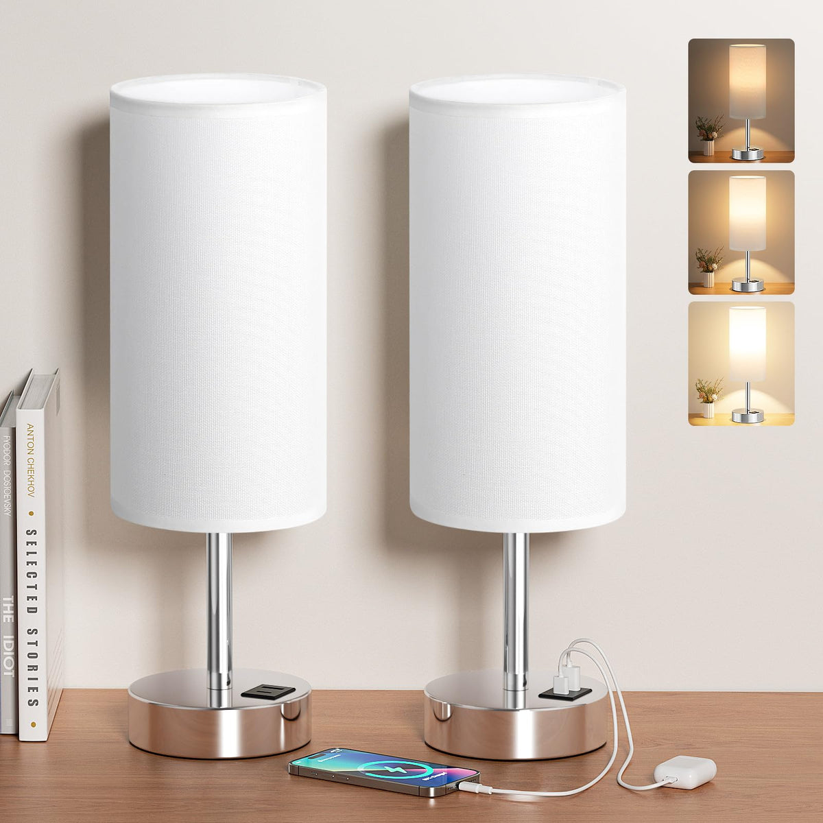 Aooshine Grey Table Lamp, 3-Way Dimmable, USB A + C Charging