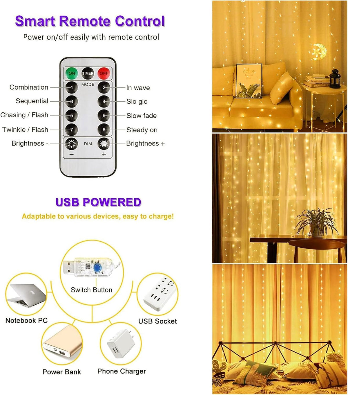 Lezonic Curtain Fairy Lights, 3m×3m 300LED Curtain String Lights Plug in
