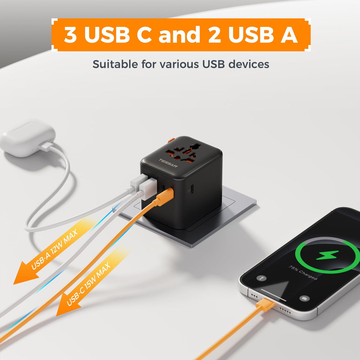 TESSAN Universal Travel Adapter, 28W Worldwide Plug with 2 USBA and 3 USBC