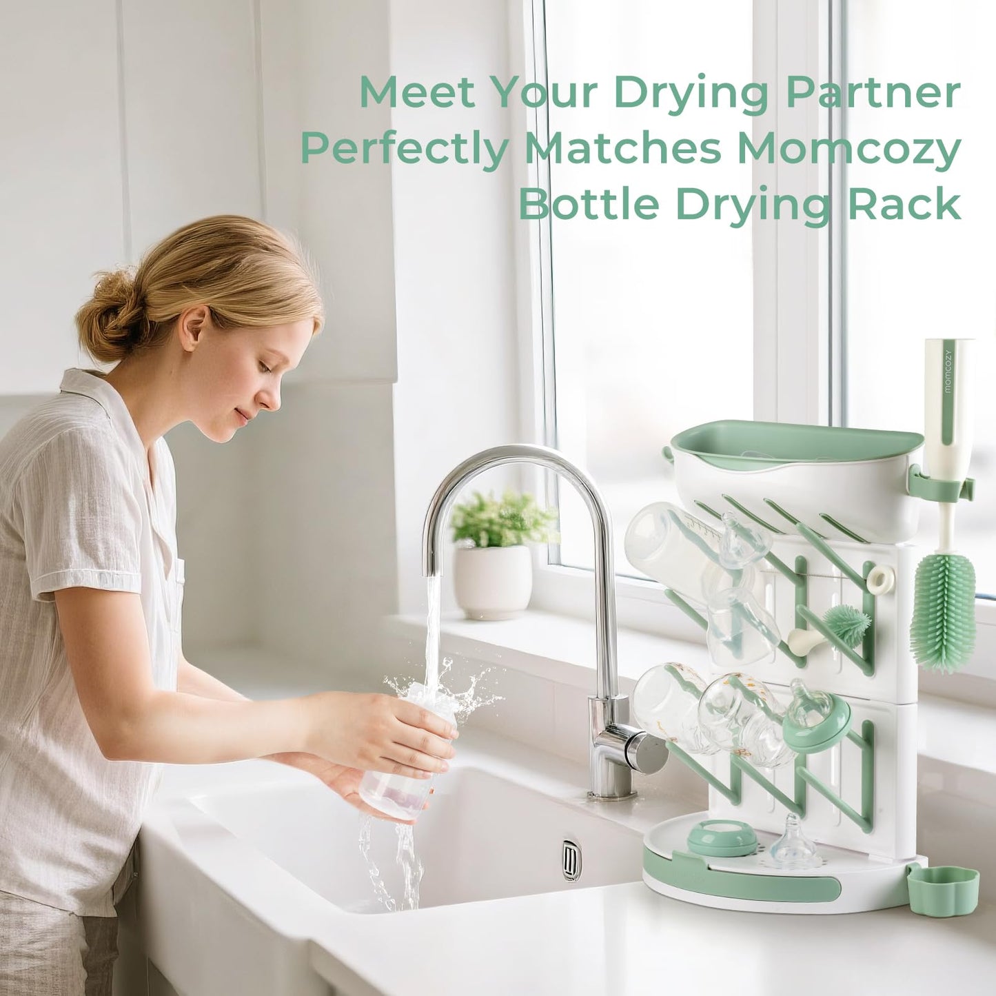 Momcozy Bottle Brush Set - Baby Bottle Cleaner Kit with Silicone Brush, Nipple Brush, Straw Brush, Soap Dispenser, Drying Rack - 7 in 1 Bottle Cleaning Tool for Home and Travel, Green
