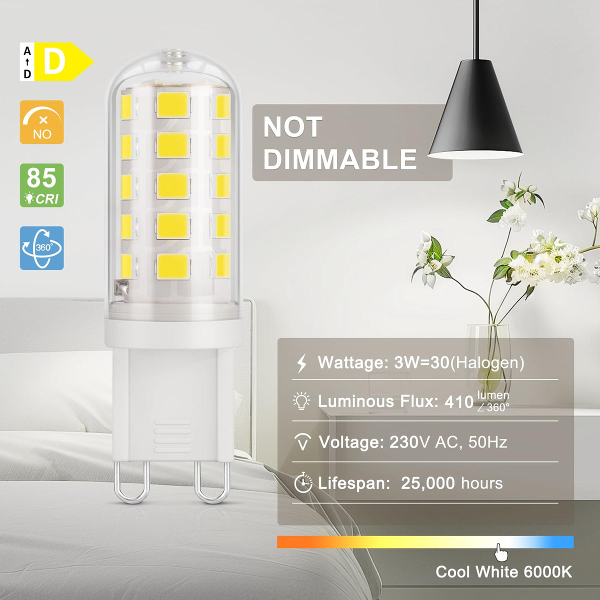 DiCUNO G9 LED Bulb Warm White 2700K, 3W=30W, 410LM, 6 Pcs