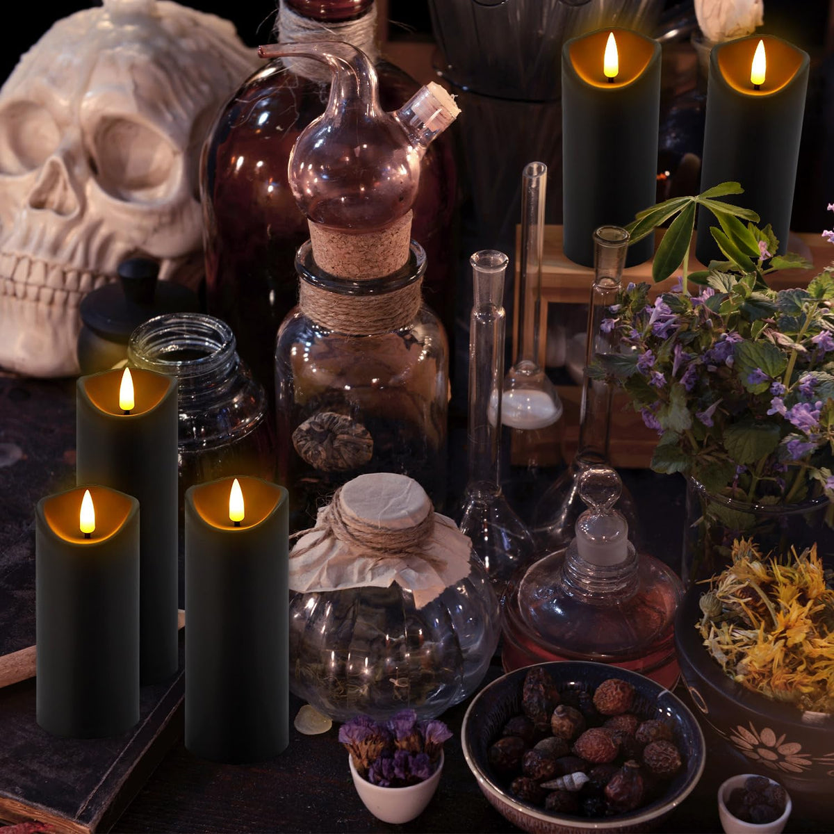 LIVEN Flickering Flameless Candles Battery Operated with Remote,Led Pillar Candles with Realistic Moving Wick Candles for Halloween,Christmas,Home Decor Pack of 12 (D2.2 xH 5" 6" 7")(White)