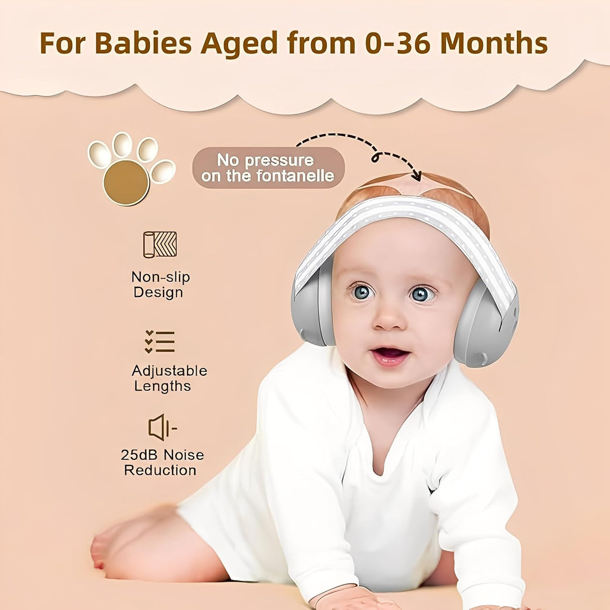 Baby Ear Defenders for 0-36 Months, Soft Adjustable with Noise‑Reduction