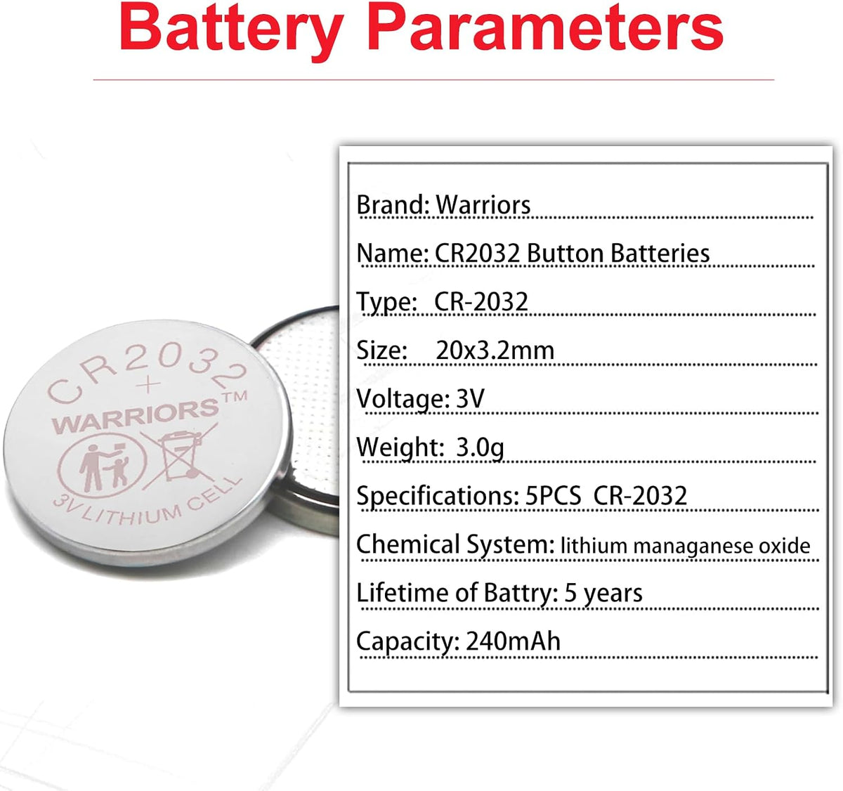 Warriors 5X CR2032 Batteries, 3V 240mAh Lithium Coin Batteries