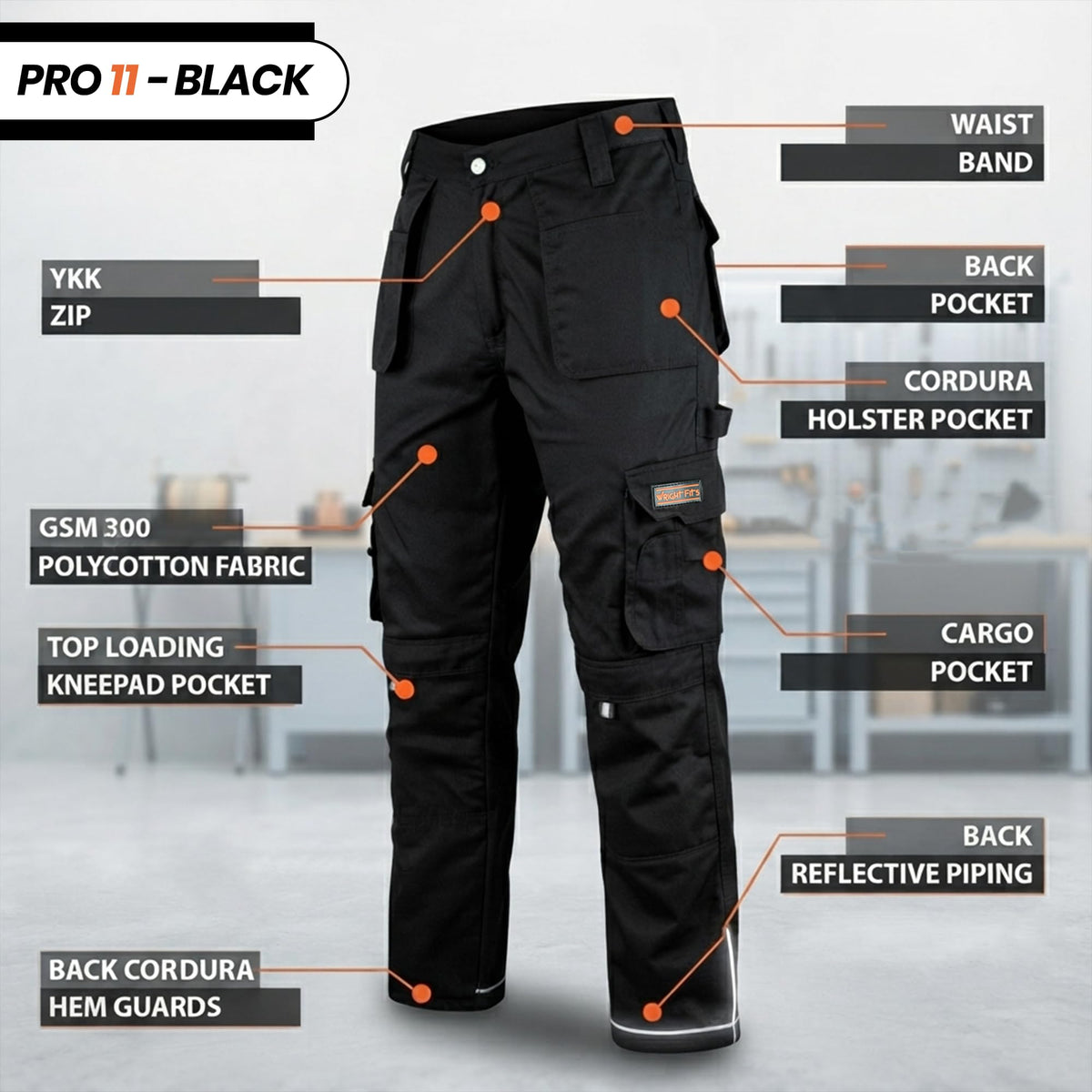WrightFits Men Pro-11 Work Trousers Black - Heavy Duty Safety Combat Cargo Pant - Multi Pockets & Knee Pad Pockets - Triple Stitched -Durable Work wear (28W-48W)