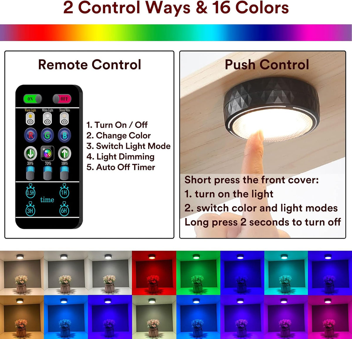 Onumii Under Cupboard Kitchen Lights Battery Operated LED Under Cabinet Lighting, Stick on Wardrobe Lights Under Counter with Remote Control, RGB Puck Light, 6 Pack - Black