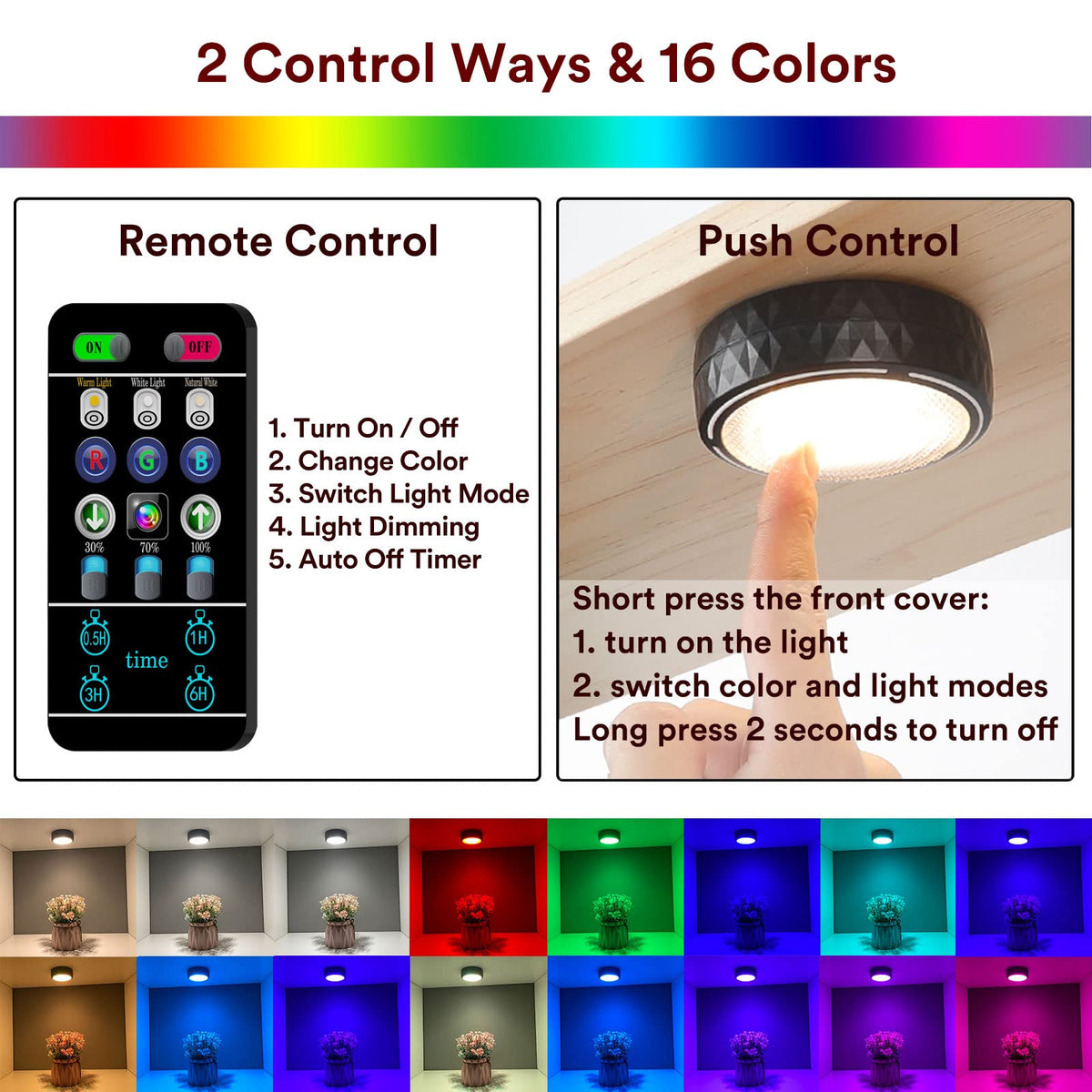 Onumii Under Cupboard Kitchen Lights Battery Operated LED Under Cabinet Lighting, Stick on Wardrobe Lights Under Counter with Remote Control, RGB Puck Light, 6 Pack - Black
