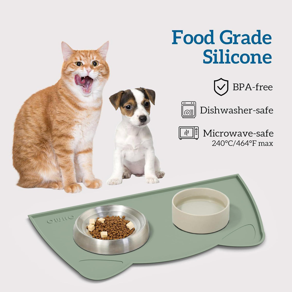 OHMO Silicone Cat Food Mat for Food&Water Bowls, 46x25cm, Camo Green