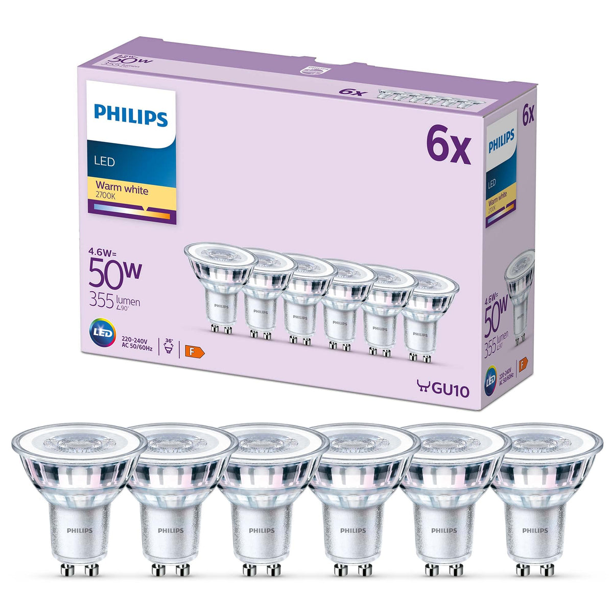 Philips Classic Spotlight Bulb, GU10 Pack of 6