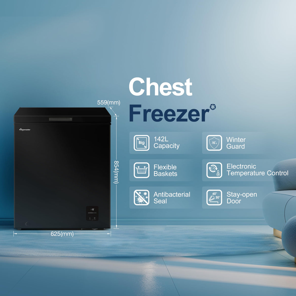 Fridgemaster White Chest Freezer, 97L Capacity, MCF100E， Freestanding, Mechanical Control, Winter Guard (-15°C), Low Noise 38dB, Basket Storage 858 (H) x 578 (W) x 444 (D) mm