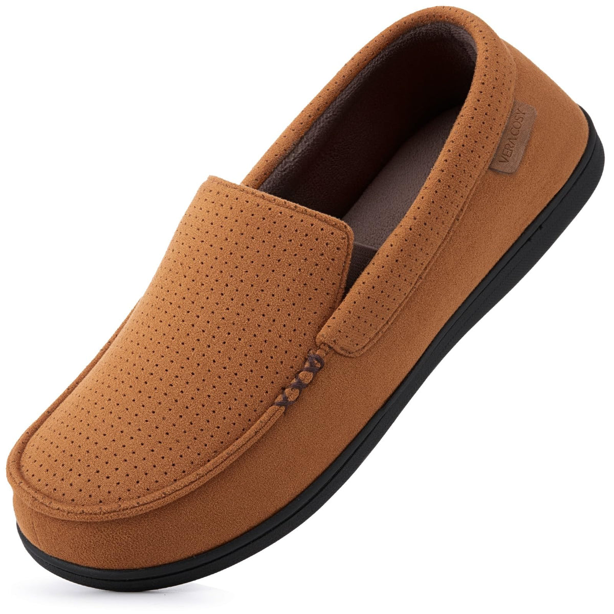 VeraCosy Men's Suede Moccasin Slippers Memory Foam Sherpa Lined Anti-Skid